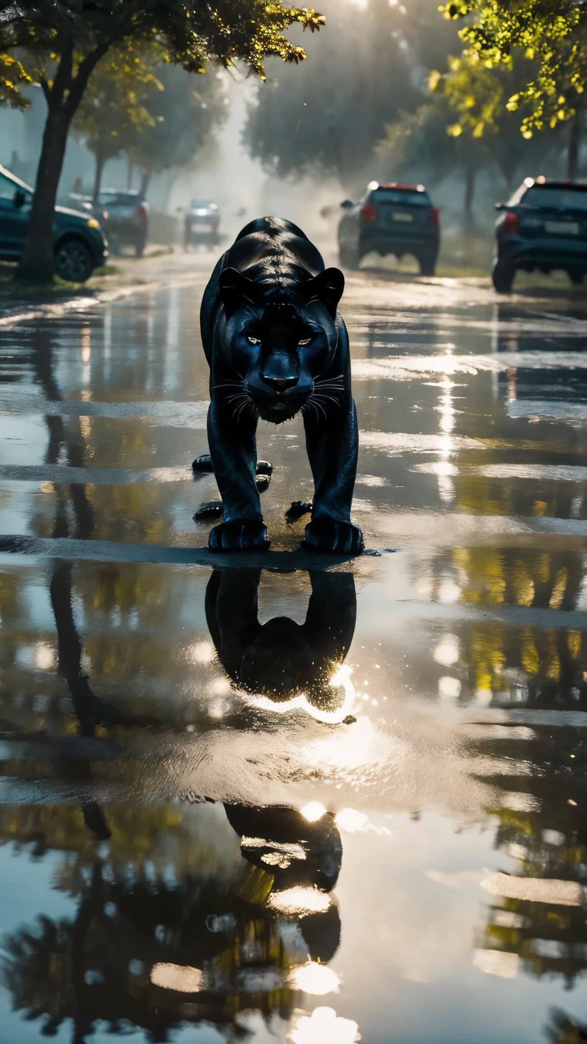 (Mejor calidad, obra maestra, ultra detallado, 32k:1.2), wildlife photography editorial, a panther drinking from a river, Agua clara como el cristal, Vivid Reflexes, Looking at the photographer, luz natural