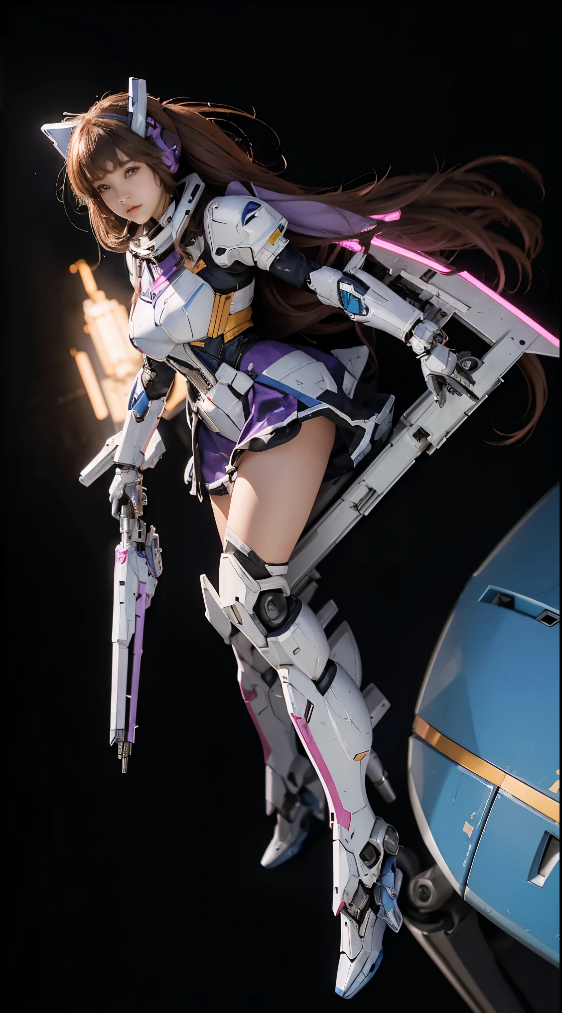 RAW, Masterpiece, Ultra Fine Photo,, Best Quality, Ultra High Resolution, Photorealistic, Sunlight, Full Body Portrait, Stunningly Beautiful,, Dynamic Poses, Delicate Face, Vibrant Eyes, (Side View) a close up of a woman in a pink and white gundam custume, dybamic pose, long brown very very long hair rapunzel, girl in mecha cyber armor, portrait armored astronaut girl, d. va from overwatch, female mecha, on a gundam, gundam head, chiho aoshima color scheme, mobile suit, streamlined purple armor, fully robotic!! girl, realistic cosplay, gundam armor (dynamic pose) (best cameraview), full body
