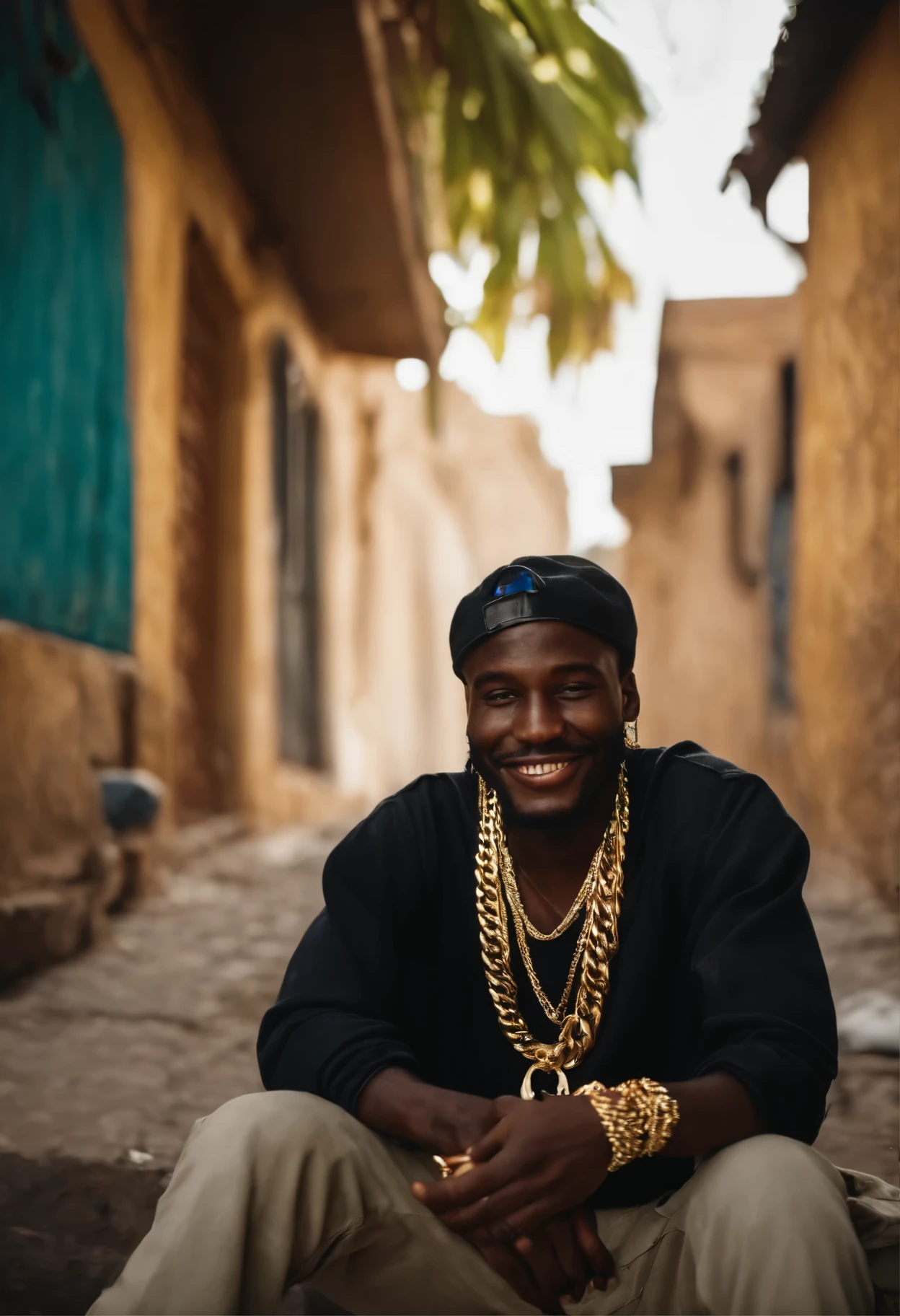 create photo of a black drug dealer in the ghetto of Africa sitting close to a bag of drugs and money with gold chains on his neck smiling with marijuana in his lips