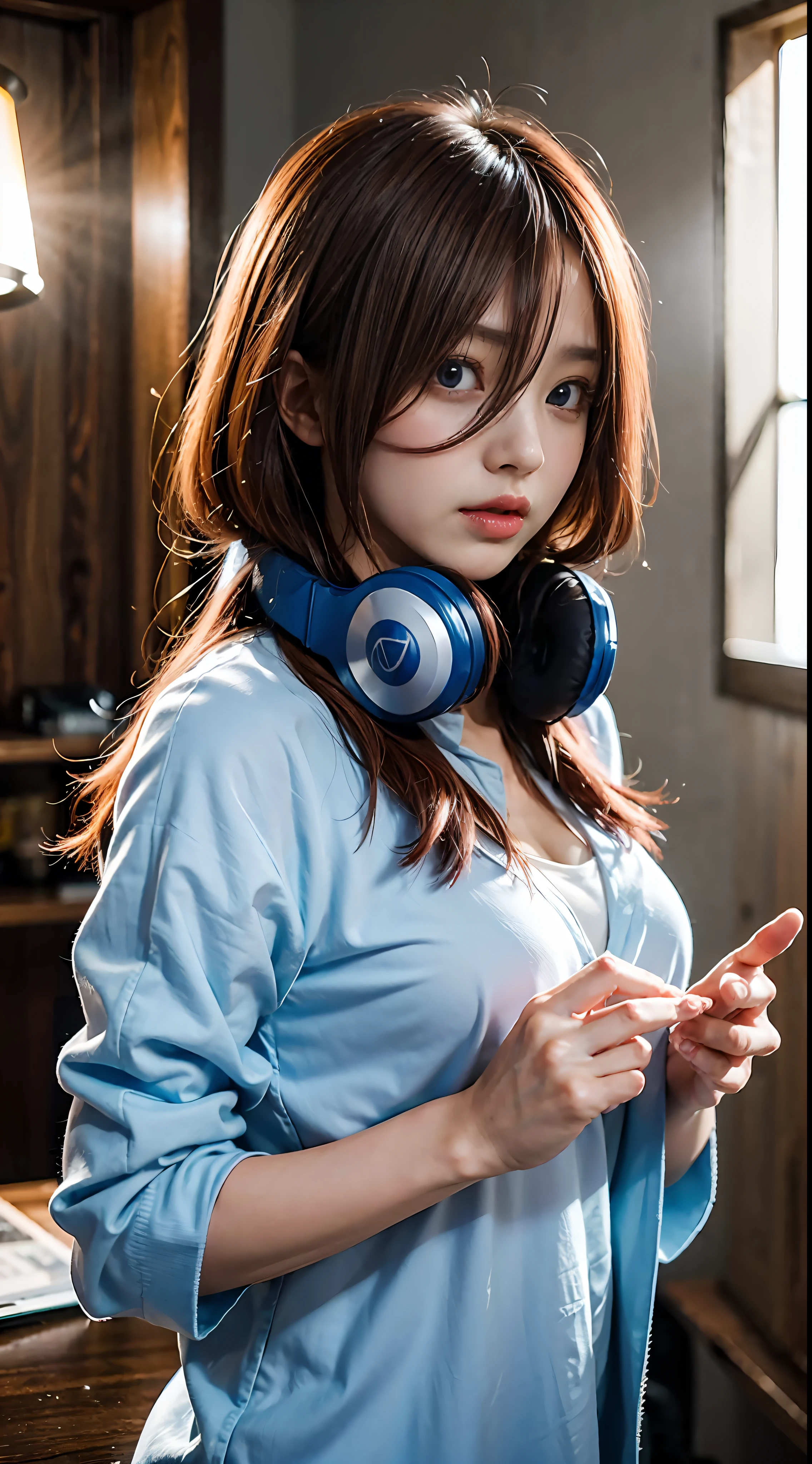 （（dressed casually、Long、Long bangs、red hair、eBlue eyes、Colorcon、Blue headphones around the neck））、（NSFW、8K、RAW photography、top-quality:1.4、A high resolution:1.4、tmasterpiece:1.4）、（hyper realisitc:1.4）、1girll、hentail realism、The ultra-detailliert、Photorealsitic:1.4、unbelievable Ridiculous、ulzang-6500-v1.1:0.33、closeup cleavage、Floating hair、Soft light、Cinema lights、filmgrain、full bodyesbian、depth of fields、blurred back、bokeh dof:1.4、eyes focus、angle of view、85mm lens、f/1.4、profesional lighting、lense flares、Luminous Particle:0.6、Professional Writing、porate:0.6、photon maping、Radio City、physically-based renderingt、Transparency、one-girl、well-styled、light-skinned:1.1、adolable:1.5