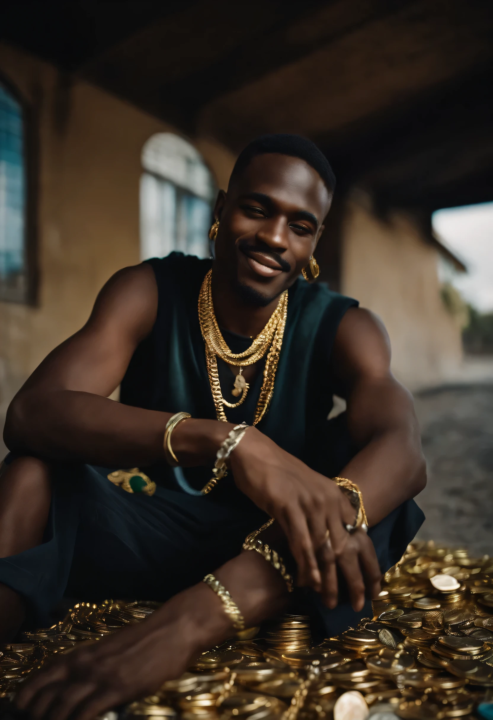 
create photo of a black drug dealer in the ghetto of Africa sitting close to a bag of drugs and money with gold chains on his neck smiling with marijuana in his lips 