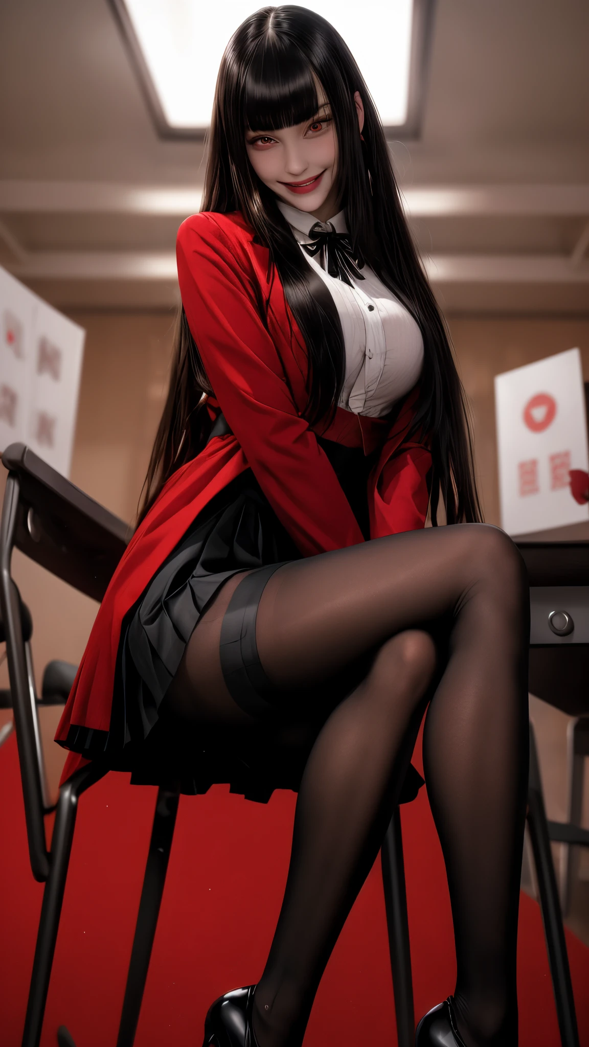 masterpiece, best quality, highres, hmjy1, long hair, blunt bangs, , red jacket, black pantyhose, white shirt, black ribbon, pleated skirt, long sleeves, cowboy shot, glowing eyes, blush, evil smile, sitting, classroom, dark background, crossed legs,