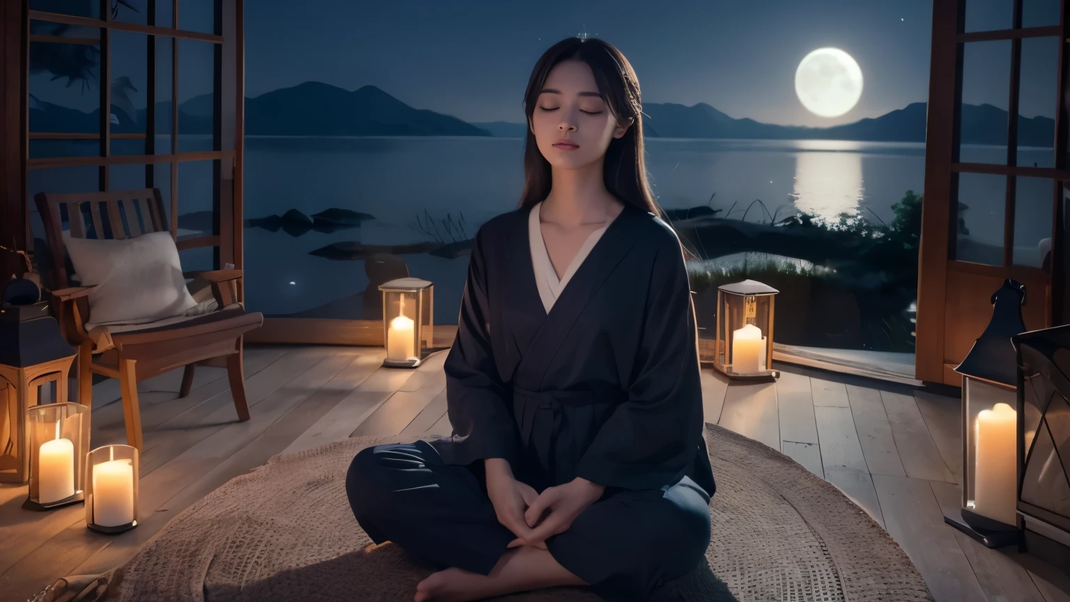 Digitally drawn portrait of a person with closed eyes, Tilt your head towards the bright full moon. The moonlight dyes people&#39;calm face、calm blue.。., Emphasis on inner silence and Zen expression. The stars shine gently in the night sky. The surrounding scenery is calm, There is a lake reflecting the moonlight near the person who is sitting quietly in the lotus position.. his hands are on his knees, A face that represents deep meditation and serenity. The overall atmosphere of the picture is calm.、., bright and focused, that&#39;s right、Peace of mind that the subject feels within、that&#39;Something like meditative moonlight radiating outward.。.. that has an atmospheric style, elegant and relaxing. 