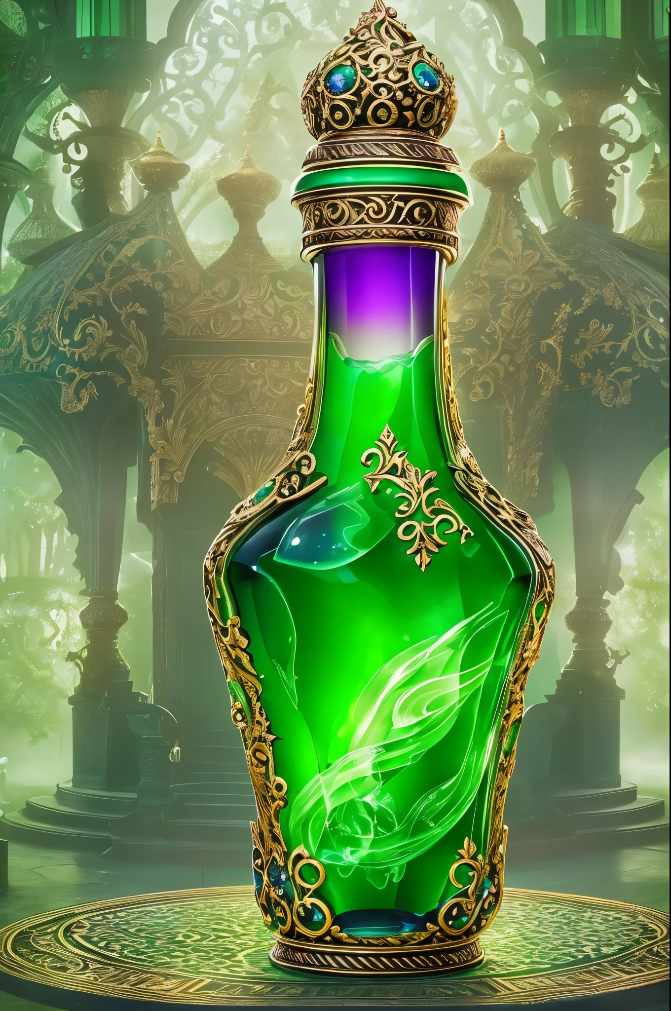 A magical potion with a green liquid color, captured in the best quality and presented as an 8k panoramic view. The potion sparkles with a mesmerizing glow, radiating an aura of mystery and enchantment. The liquid is contained in a vintage glass bottle, adorned with intricate golden patterns that reflect the light and enhance its allure. The surroundings are shrouded in an ethereal mist, adding a sense of mysticism and secrecy to the scene. The potion's surface is smooth and glossy, with fine, swirling wisps of smoke rising from its depths. As the light touches the potion, it reveals subtle hints of iridescent shimmer, giving it an otherworldly and magical quality. The colors are vivid, with shades of emerald green and sparkling highlights, creating a visually captivating and captivating experience. This masterpiece showcases the potion in all its glory, inviting viewers into a world of magic and wonder.