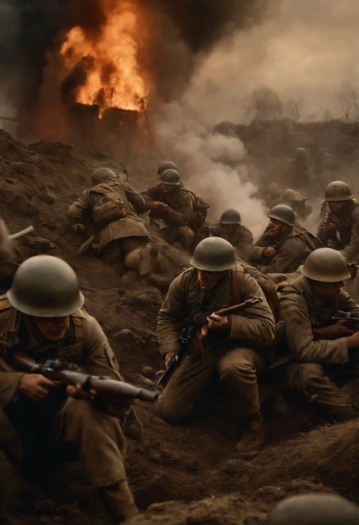 An intense battle scene during the First World War, featuring soldiers in trenches and explosions all around them. The soldiers are wearing uniforms, helmets, and gas masks, with rifles and bayonets in their hands. The scene is portrayed with a blend of realism and artistry to capture the grittiness and chaos of war. The medium is a highly detailed and realistic oil painting, capturing the texture of the soldiers' uniforms and the smoke billowing from the explosions. The artwork is of the highest quality, with ultra-detailed brushstrokes and sharp focus, resulting in a masterpiece. The color palette is desaturated, with muted earth tones to convey the somber and grim atmosphere of the war. The lighting is dim, with the flickering glow of explosions illuminating the scene. Overall, the artwork aims to evoke the hardships and sacrifices of soldiers during the First World War, paying homage to their courage and resilience.