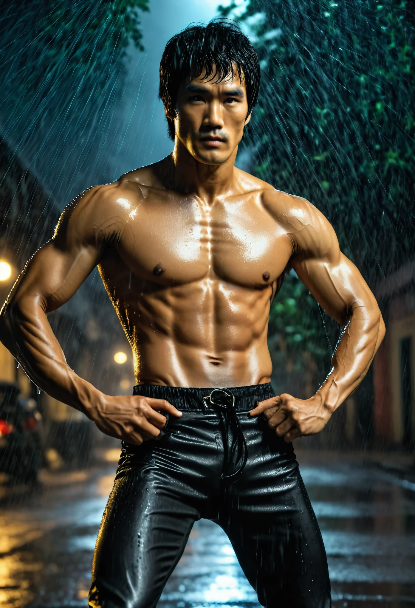 acting(((martial arts superstar)),black pants, realist:1.3,( fotorrealist, 8K, original photo, high quality, masterpiece, epic lights. close up, center image), (prospect),((1 Confident and well-proportioned muscles, post apocalyptic, Guerrero, Rostro y cuerpo perfectamente detallados, (prospect), rain scene, Poor lighting due to rain,(( My face and body were soaked by the rain:1.5)),lightning lighting, dynamic poses, beautiful fine hair, Leather jacket)), ((imaginative scenes)),((perfect, meticulously.:1.3)), ((panoramic: 1.4)), ((best quality )), ((masterpiece)), 3d, (Super detailed: 1.3), ((epic scenery: 1.3)), ((night background: 1.3 ))), (((night:1.2))), ( lifelike: 1.4), ((Front camera)),( (Low-light night cinematic lighting: 1.2)). 32