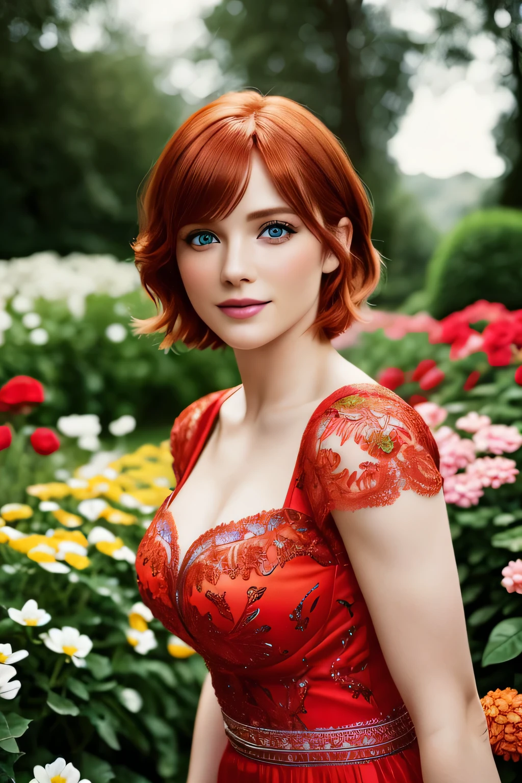 Masterpiece, (Bryce Dallas Howard: 0.5), short hair, vivid orange hair, shy, cute, playful smile, high detail face, high detail skin, red dress, (high detail eyes:1.3), (small breasts:1.2), (strong athletic body), garden wiith colorful flowers background, (UHD, 8K wallpaper, High resolution), Cinematic lighting, award-winning, extremely white detailed skin, extra detailed face, high detail eyes, photo-realistic, Zeiss 85 mm F/1.4, by Ellen von Unwerth