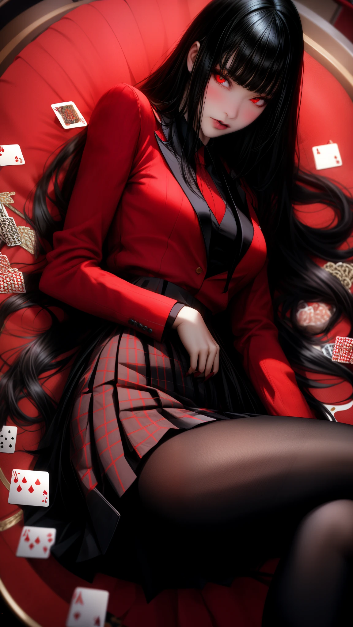 realistic, 1girl, long black hair, red eyes, glowing eyes, red blazer, black plaid skirt, pantyhose, blush, poker table