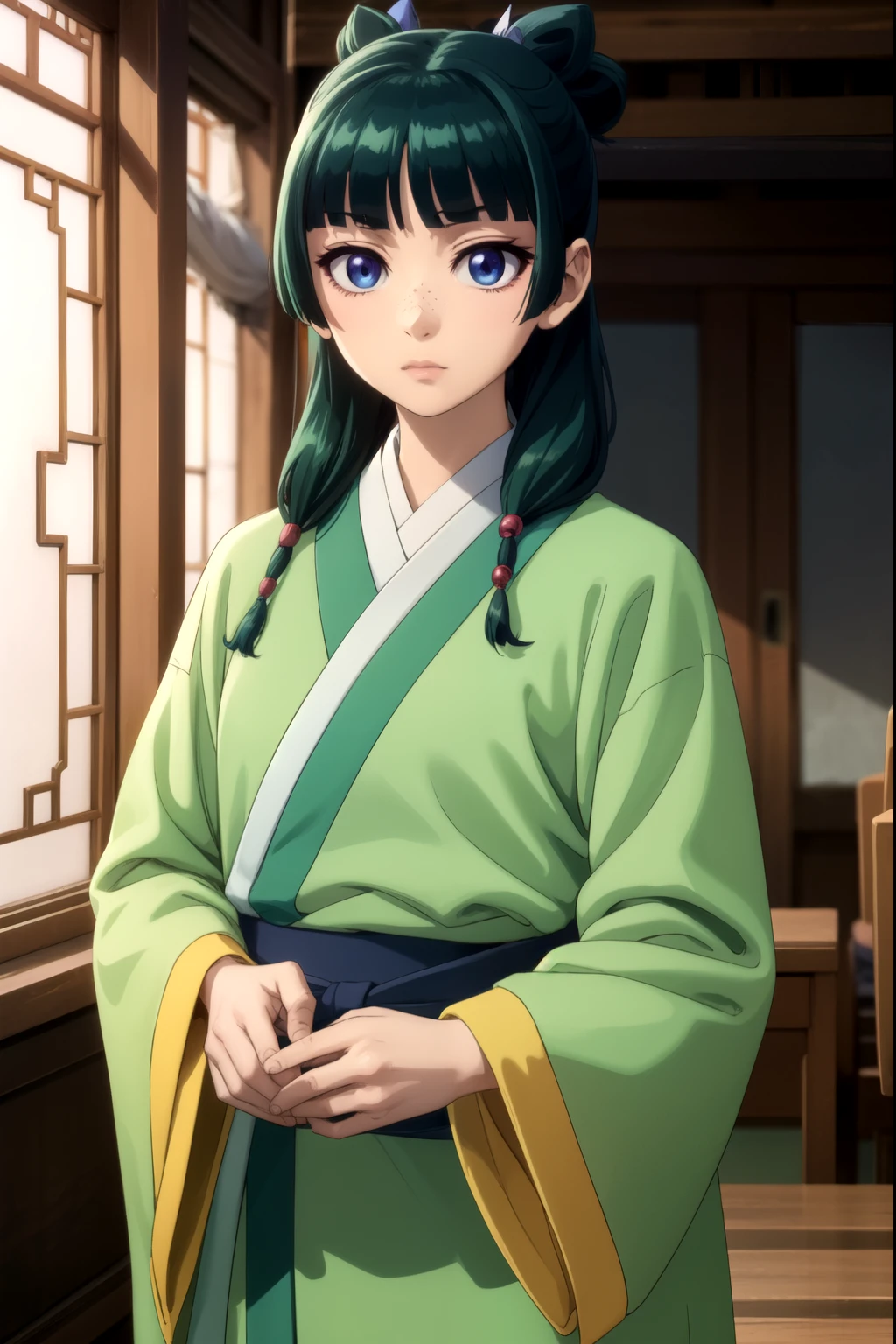 kusuriyamaomao, maomao, long hair, bangs, blue eyes, hair ornament, green hair, blunt bangs, freckles, hair bun, single hair bun,
BREAK japanese clothes, robe, green robe, long sleeves, wide sleeves, hakama, red hakama,
BREAK indoors,
BREAK looking at viewer, (cowboy shot:1.5),
BREAK (masterpiece:1.2), best quality, high resolution, unity 8k wallpaper, (illustration:0.8), (beautiful detailed eyes:1.6), extremely detailed face, perfect lighting, extremely detailed CG, (perfect hands, perfect anatomy),