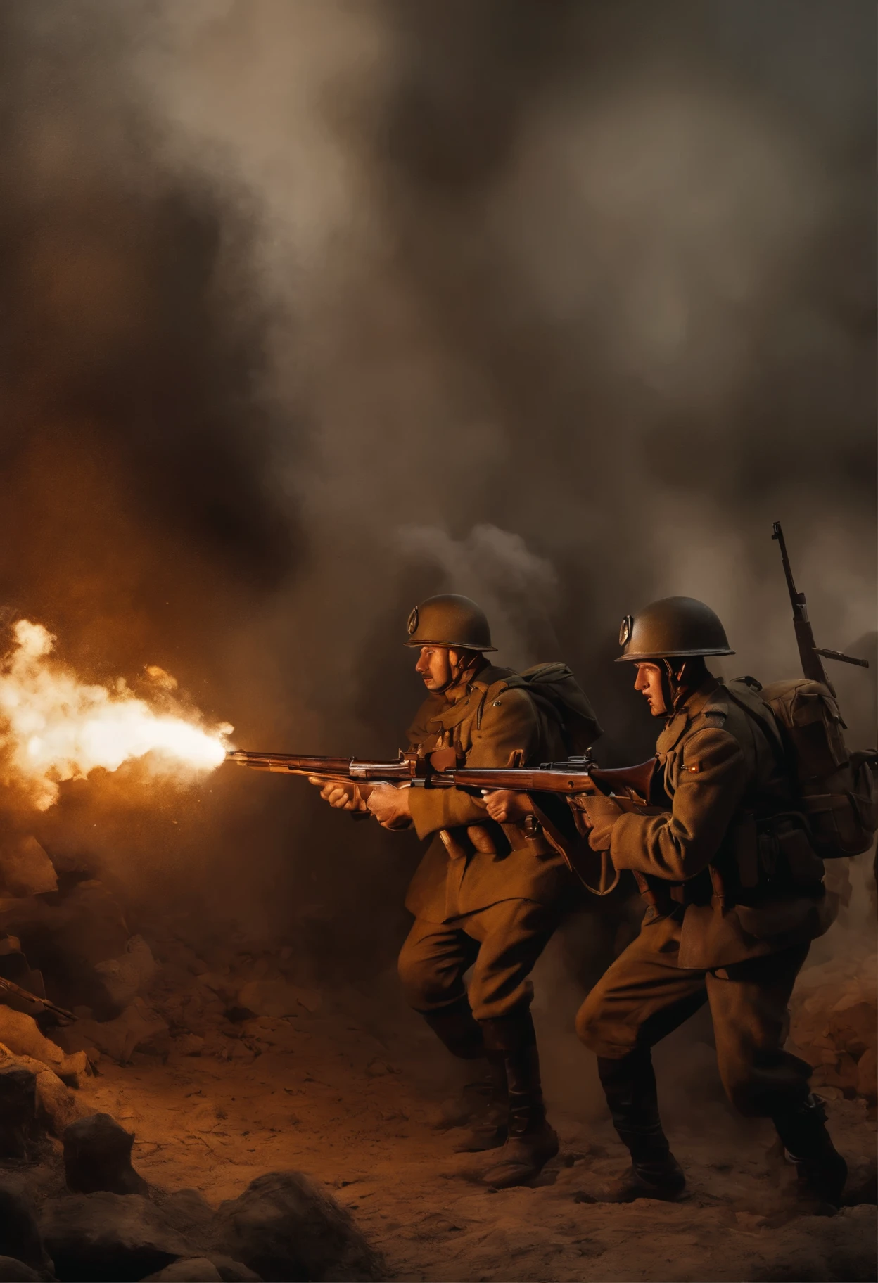 An intense battle scene during the First World War, featuring soldiers in trenches and explosions all around them. The soldiers are wearing uniforms, helmets, and gas masks, with rifles and bayonets in their hands. The scene is portrayed with a blend of realism and artistry to capture the grittiness and chaos of war. The medium is a highly detailed and realistic oil painting, capturing the texture of the soldiers' uniforms and the smoke billowing from the explosions. The artwork is of the highest quality, with ultra-detailed brushstrokes and sharp focus, resulting in a masterpiece. The color palette is desaturated, with muted earth tones to convey the somber and grim atmosphere of the war. The lighting is dim, with the flickering glow of explosions illuminating the scene. Overall, the artwork aims to evoke the hardships and sacrifices of soldiers during the First World War, paying homage to their courage and resilience.