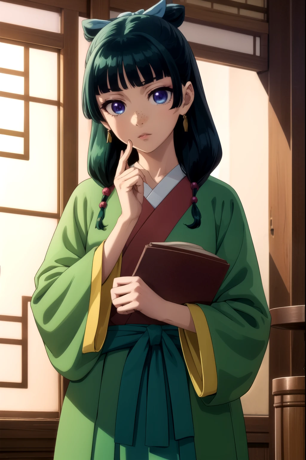 kusuriyamaomao, maomao, long hair, bangs, blue eyes, hair ornament, green hair, blunt bangs, freckles, hair bun, single hair bun,
BREAK japanese clothes, robe, green robe, long sleeves, wide sleeves, hakama, red hakama,
BREAK indoors,
BREAK looking at viewer, (cowboy shot:1.5),
BREAK (masterpiece:1.2), best quality, high resolution, unity 8k wallpaper, (illustration:0.8), (beautiful detailed eyes:1.6), extremely detailed face, perfect lighting, extremely detailed CG, (perfect hands, perfect anatomy),