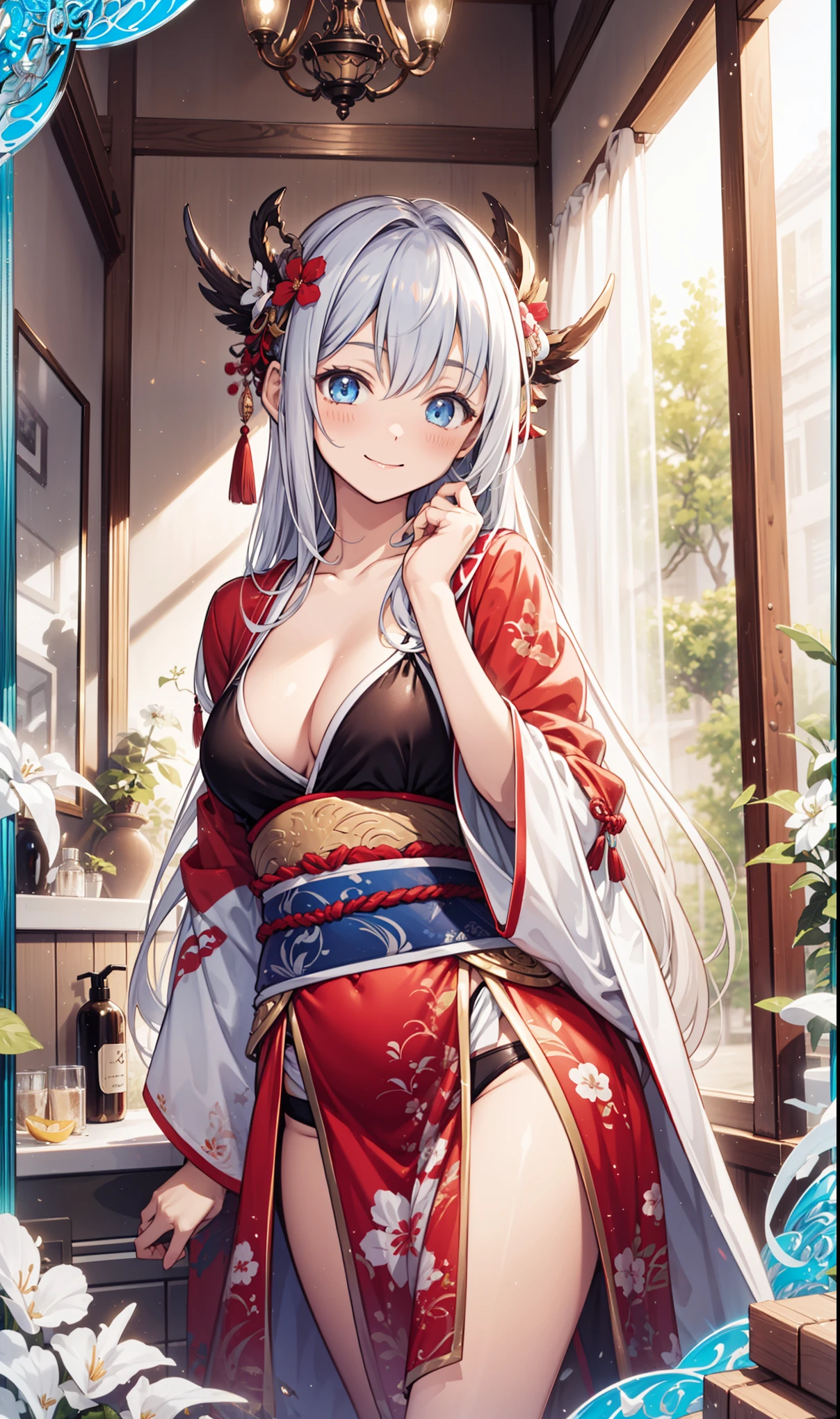 best quality,highres,textured skin,high quality,high details,high details,1girl,smile,swimsuit,Hanfu,charm,Cowboy perspective,water,bathroom