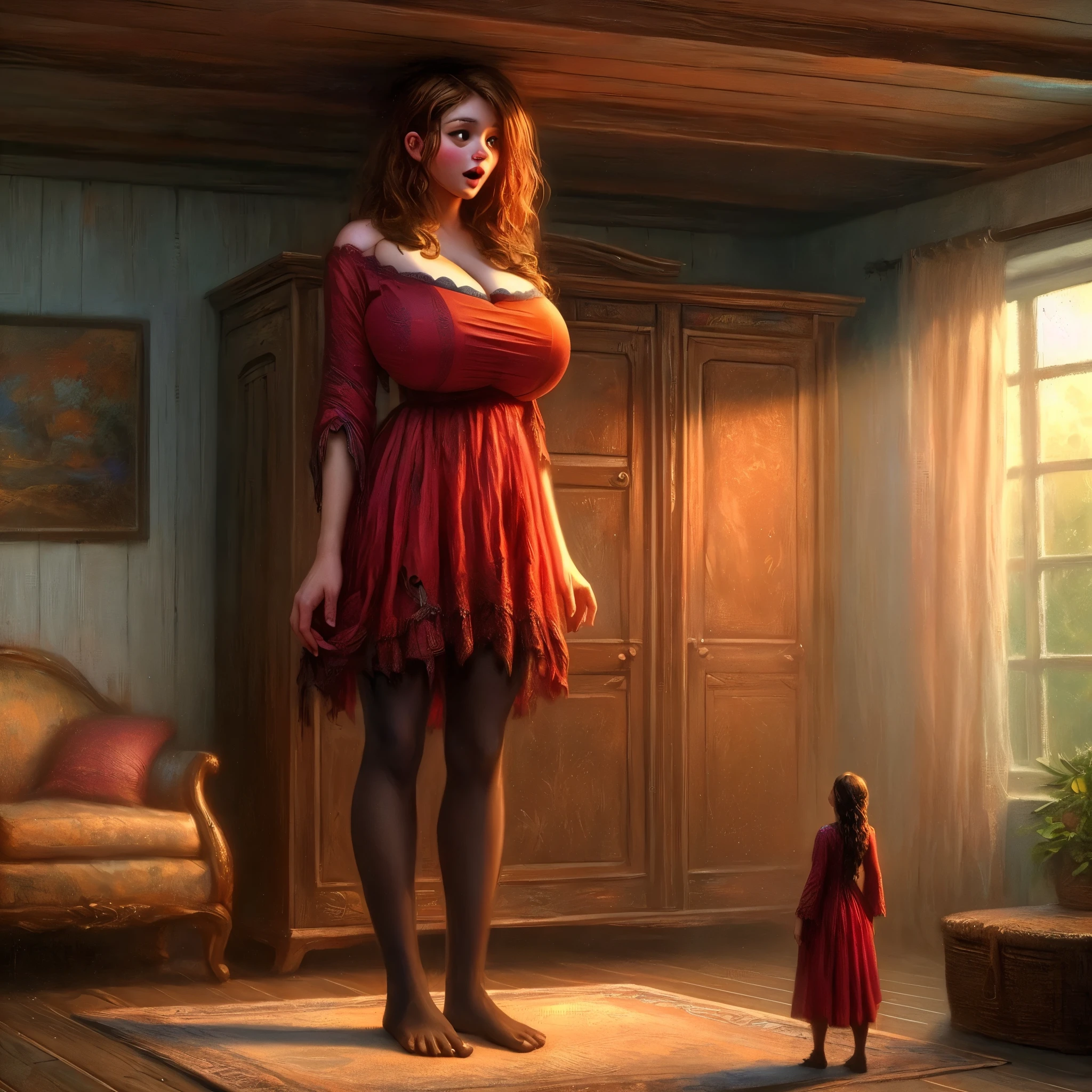 detailed dress, (big giant enormous oversized massive huge colossal breasts:1.5), (gigantic sagging breasts:1.5), (very long wavy hair)