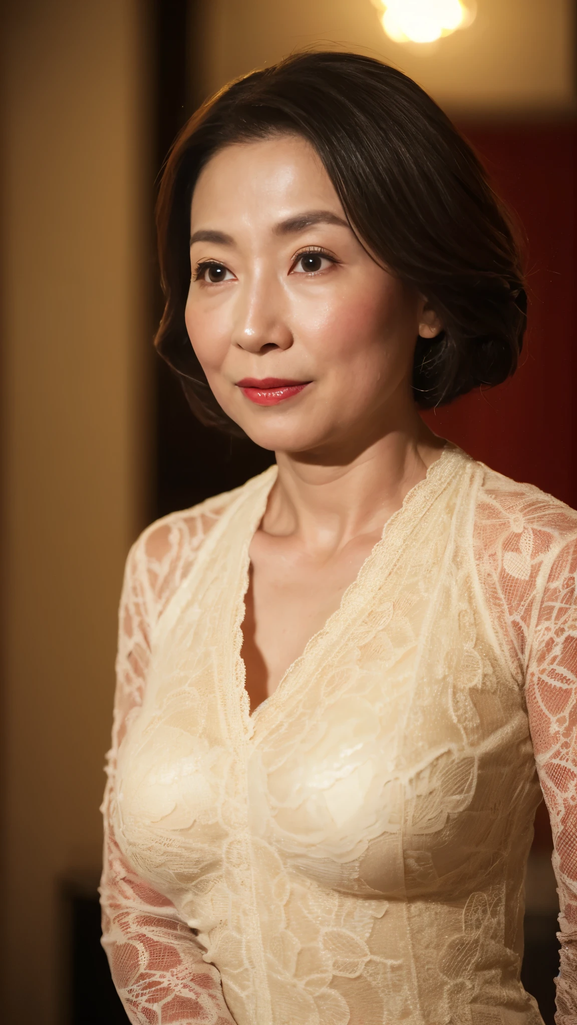 remove background, in the spotlight, gravure, facing the front, ((old)), flashy makeup, red lips, from the chest up, masterpiece, highest quality, Super detailed, realistic, super dense skin, perfect anatomy, (1 Japanese mature woman), (alone), 120 years old, big breasts, neighbor aunt, Glamour, sexy, pure white skin, looking at the viewer,