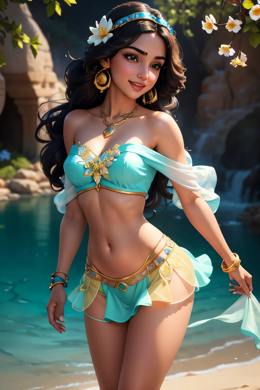 jasmine 1 girl, alone,mini skirt、 chest, smile, open your mouth, belly button, holding, bare shoulders, jewelry, flower, earrings,超mini skirt、 abdomen, necklace, off shoulder, bracelet, see-through shirt, white flower, gem, off shoulderシャツ, holding flower, Multiple hair ties, See-through Arabian clothing (realistic:1.2), (realism), (masterpiece:1.2), (highest quality), (super detailed), (8K, 4k, Complex),(full body shot:1), (85mm),particles of light, lit, (very detailed:1.2),(detailed face:1.2), (Gradation), colorful,(fine eyes:1.2)(detailed background),detailed landscape, (dynamic angle:1.2), (dynamic pose:1.2), (third law_composition:1.3), (Action range:1.2)