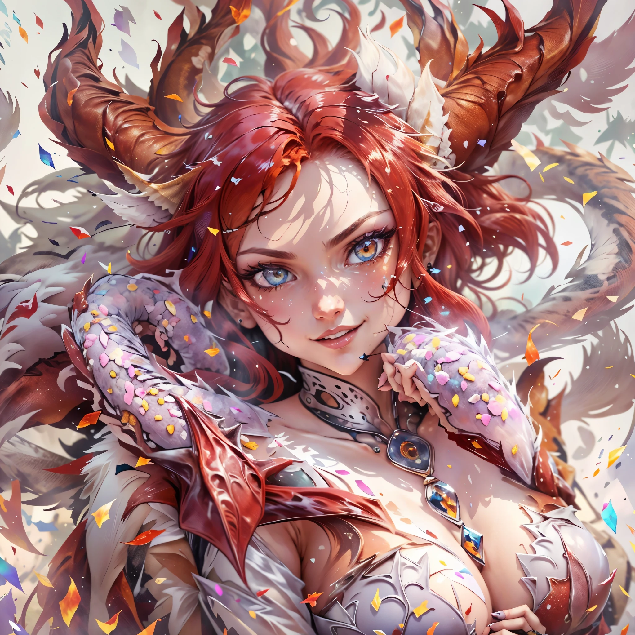 (best quality,4k,8k,highres,masterpiece:1.2), ultra-detailed, realistic, naked sexy dragon woman with red and white glittering scales, long fiery red hair with white highlights, very playful but mischievous smile, huge tits, gigantic breasts, naked, nude, detailed crotch, detailed vulva, sexy pose, spread legs, playful, bi-coloured eyes, heterochromia, lustful