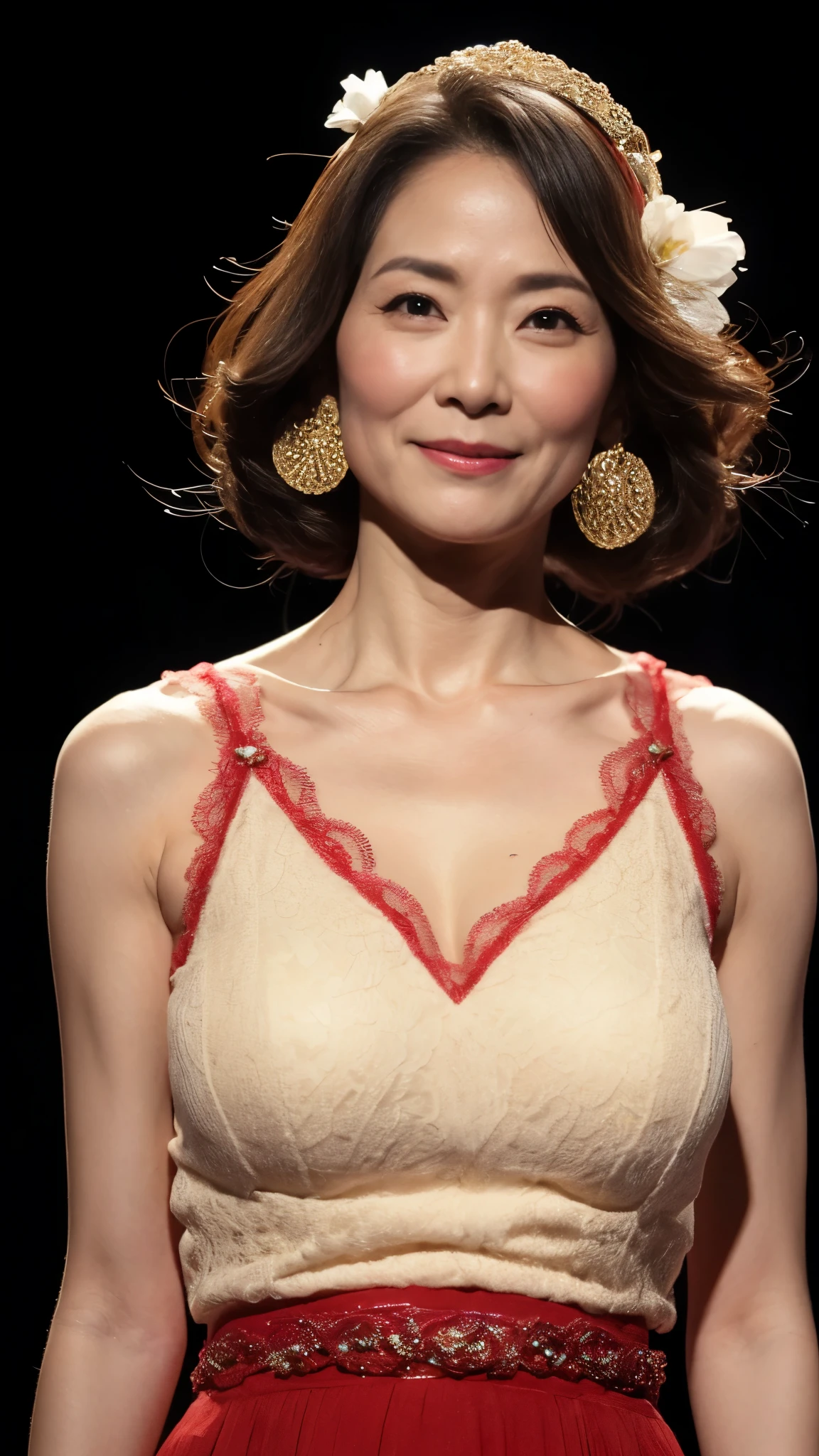 remove background, in the spotlight, gravure, facing the front, ((old)), flashy makeup, red lips, from the chest up, masterpiece, highest quality, Super detailed, realistic, super dense skin, perfect anatomy, (1 Japanese mature woman), (alone), 120 years old, big breasts, neighbor aunt, Glamour, sexy, pure white skin, looking at the viewer,