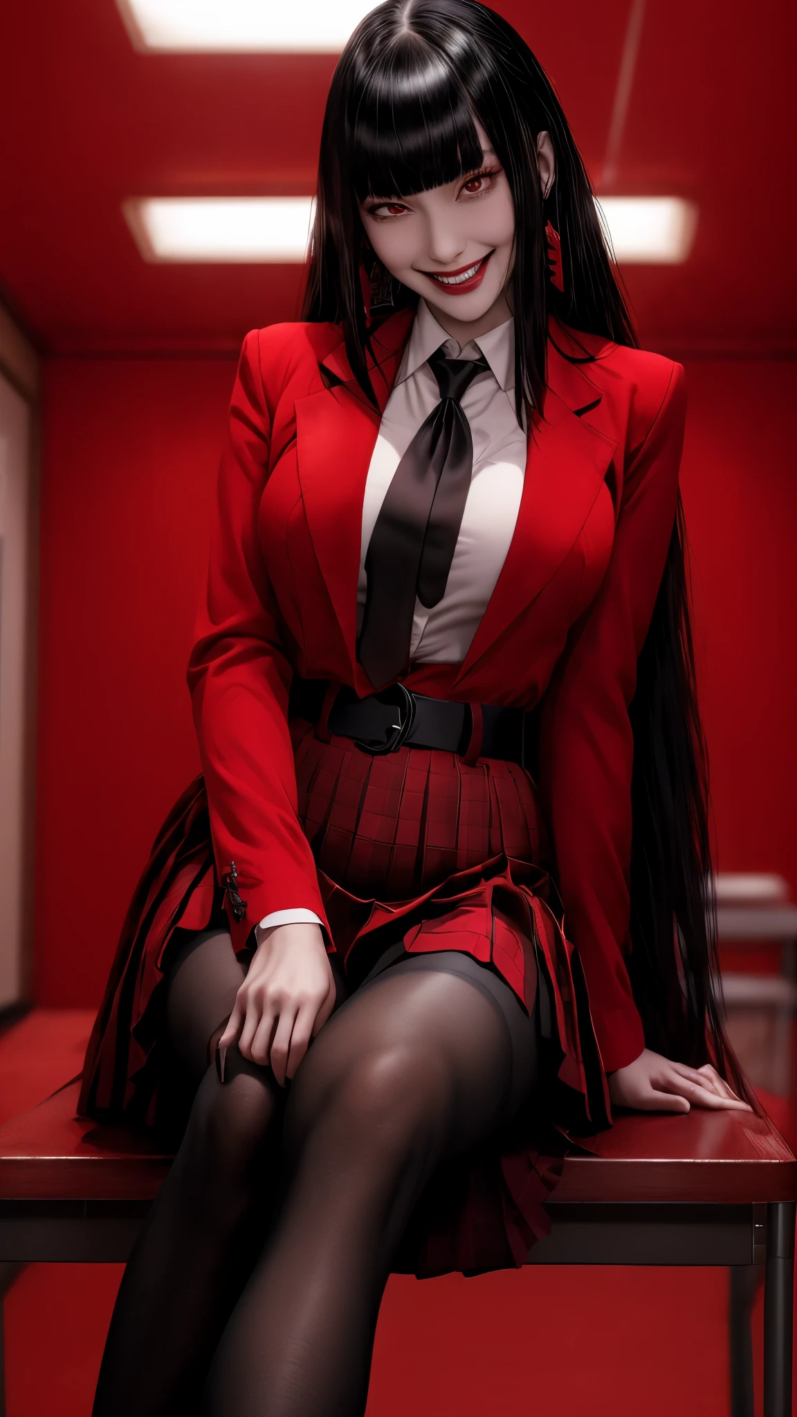 Jabami Yumeko, Kakegurui, masterpiece, best quality, highres, hmjy1, long hair, blunt bangs, , red jacket, black pantyhose, white shirt, black ribbon, pleated skirt, long sleeves, cowboy shot, glowing eyes, blush, evil smile, sitting, classroom, dark background, crossed legs,