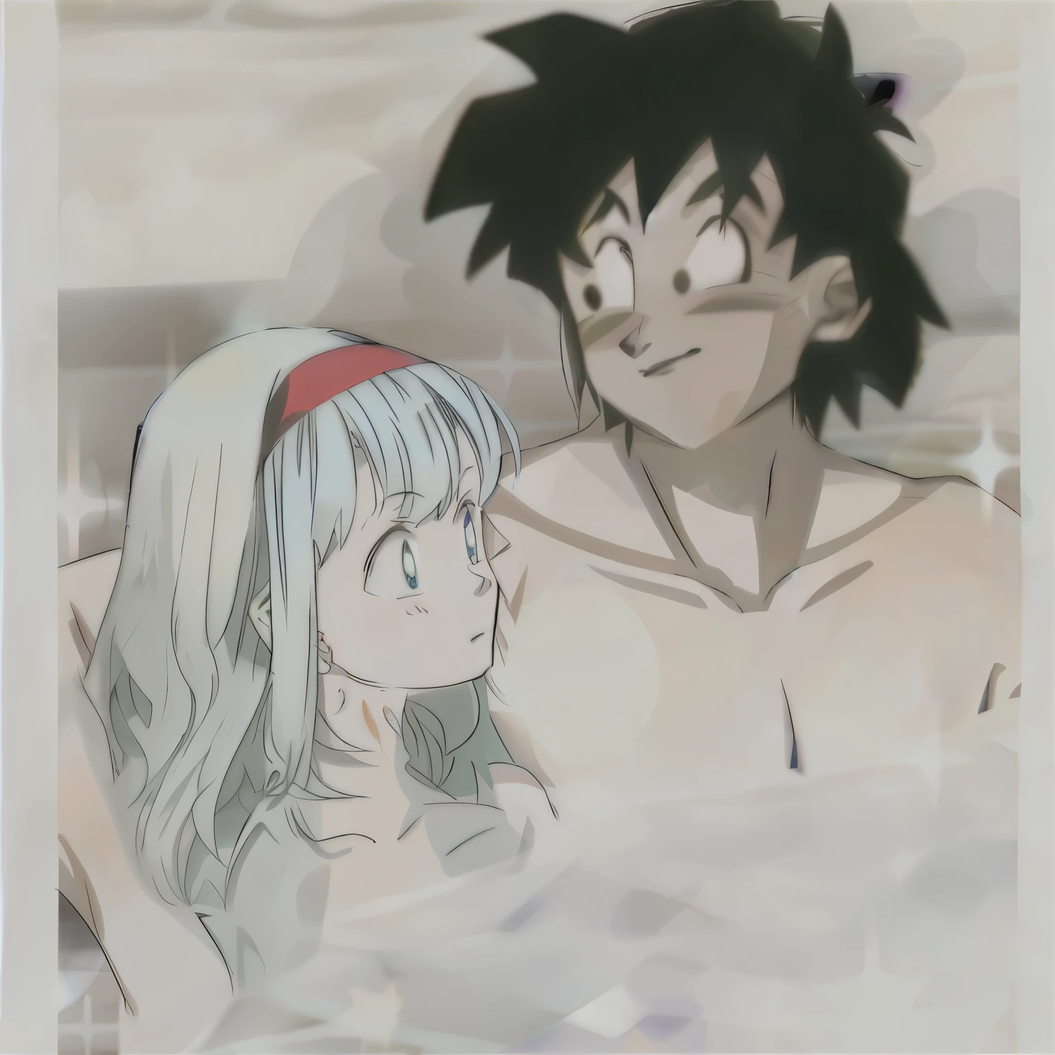 personagens de anime em uma banheira com uma mulher olhando para ele, estilo Akira Toryama, timidez envergonhado