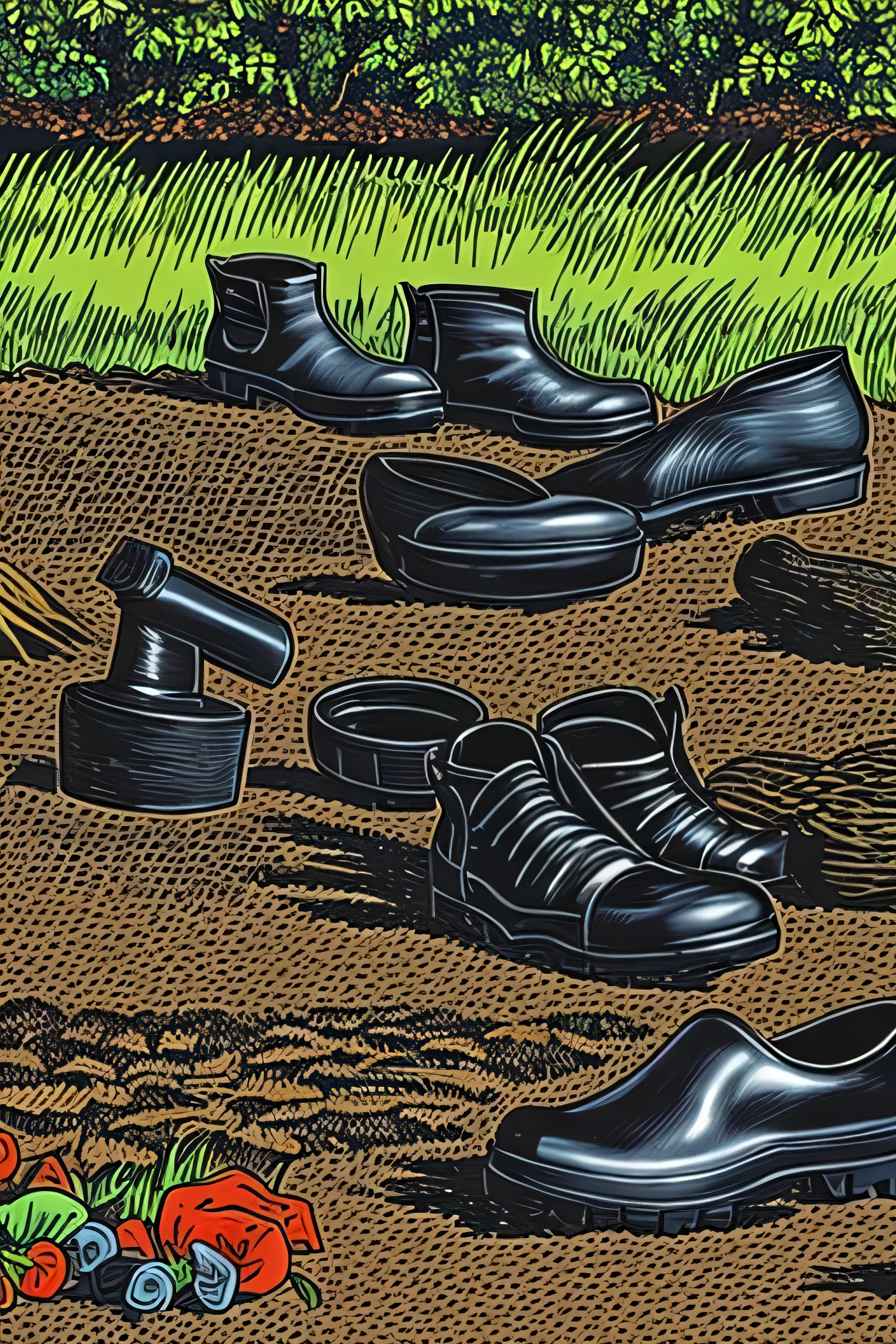 a black pair of black gardening rubber boots in a dirt soil, a pair of red socks laying on the soil between the boots, Graham Humphreys film poster painting style, Comic book cover style, HQ, 50s