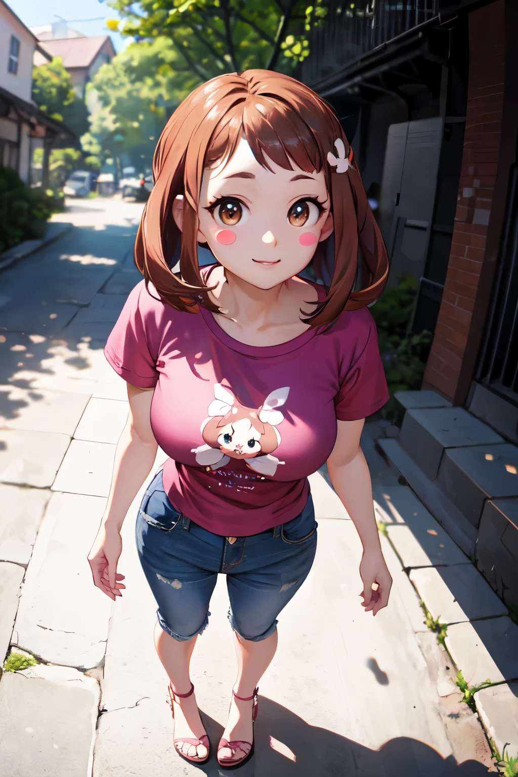 ((best quality)), ((masterpiece)), (detailed), perfect faceochakouraraka, ochako uraraka, (uraraka ochako:1.5), (brown eyes:1.5), brown hair, short hair, bobbed hair, blush, blush stickers, full body, smile, standing, large eyes, large bangs on face,
BREAK ( dark pink T-shirt :1.5), dark blue jeans,
BREAK outdoors, nature,
BREAK pink heels,
BREAK looking at viewer, cowboy shot,
BREAK (masterpiece:1.2), best quality, high resolution, unity 8k wallpaper, (illustration:0.8), (beautiful detailed eyes:1.6), extremely detailed face, perfect lighting, extremely detailed CG, (perfect hands, perfect ),