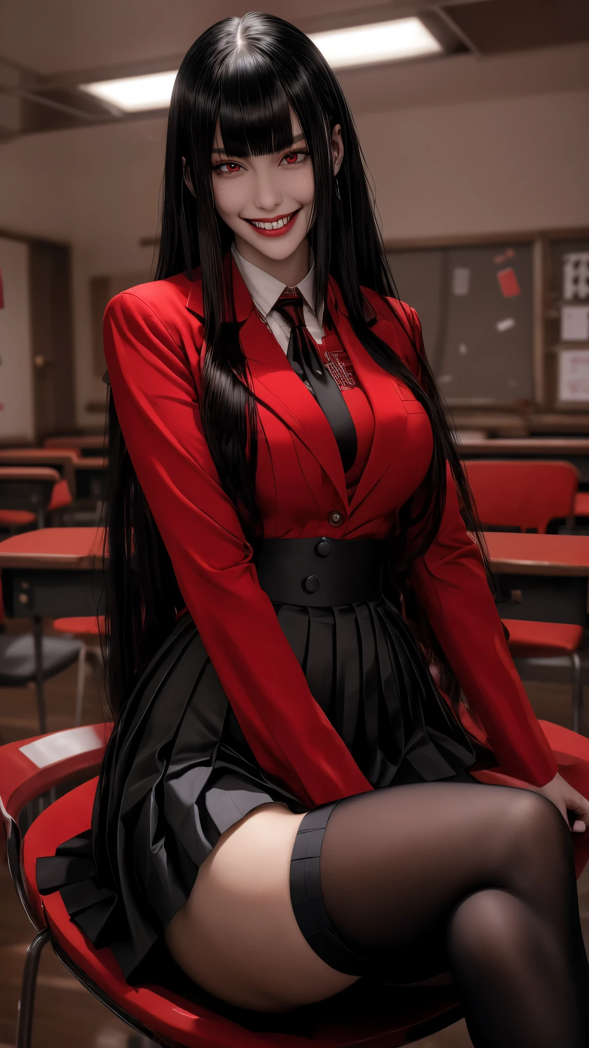 Jabami Yumeko, Kakegurui, masterpiece, best quality, highres, hmjy1, long hair, blunt bangs, , red jacket, black pantyhose, white shirt, black ribbon, pleated skirt, long sleeves, cowboy shot, glowing eyes, blush, evil smile, sitting, classroom, dark background, crossed legs,