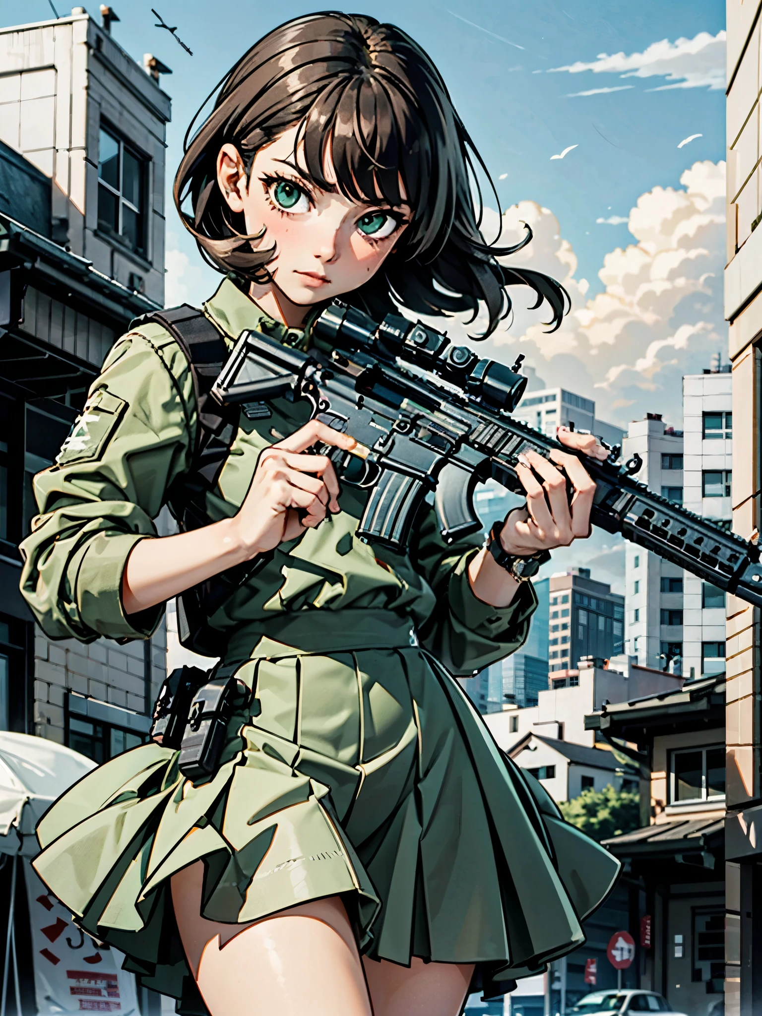 (((pixel-perfect, detail-perfect))),, lens flare, depth of field, (close-up:1.3), (wide shot, fisheye:0.85), facefocus, 1girl, standing, medium brown hair, green eyes, serious, high school girl, pleated skirt, medium skirt, (using weapon, using rifle, aiming, aim:1.2), gun, h&k hk416, carbine, open fire, firing, sunny, blue sky, cloudy sky, city, street, ((only five fingers))