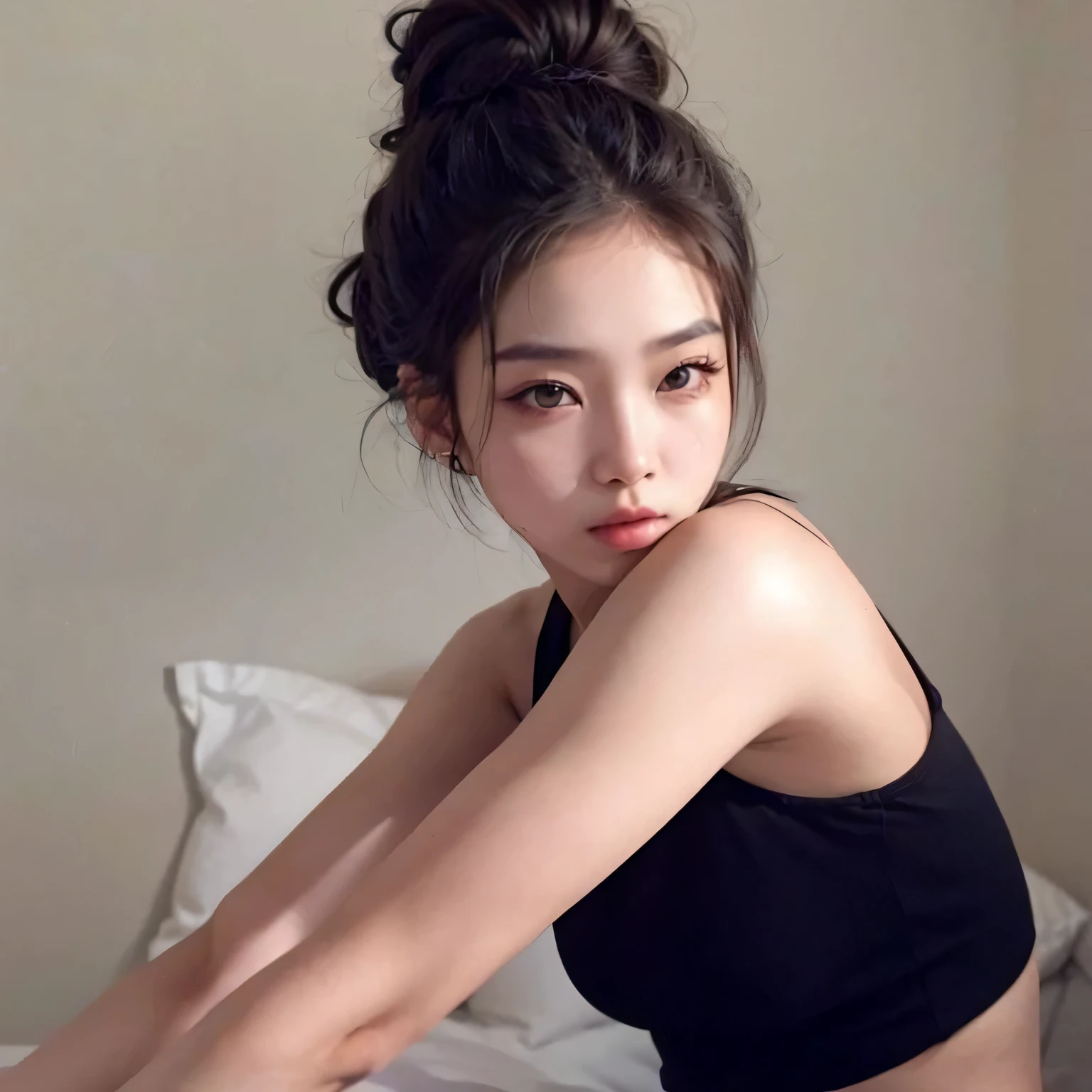 Araffada Asian woman wearing a black top and black shorts sitting on a bed, muchacha coreana, beautiful south mujer coreana, gorgeous young mujer coreana, beautiful young mujer coreana, Girl with messy bun hairstyle, mujer coreana, joven y adorable rostro coreano, beautiful asian girl, pale korean adorable face, ulzzang, jennie rosa negro, pose atractiva, maquillaje coreano popular, asian features