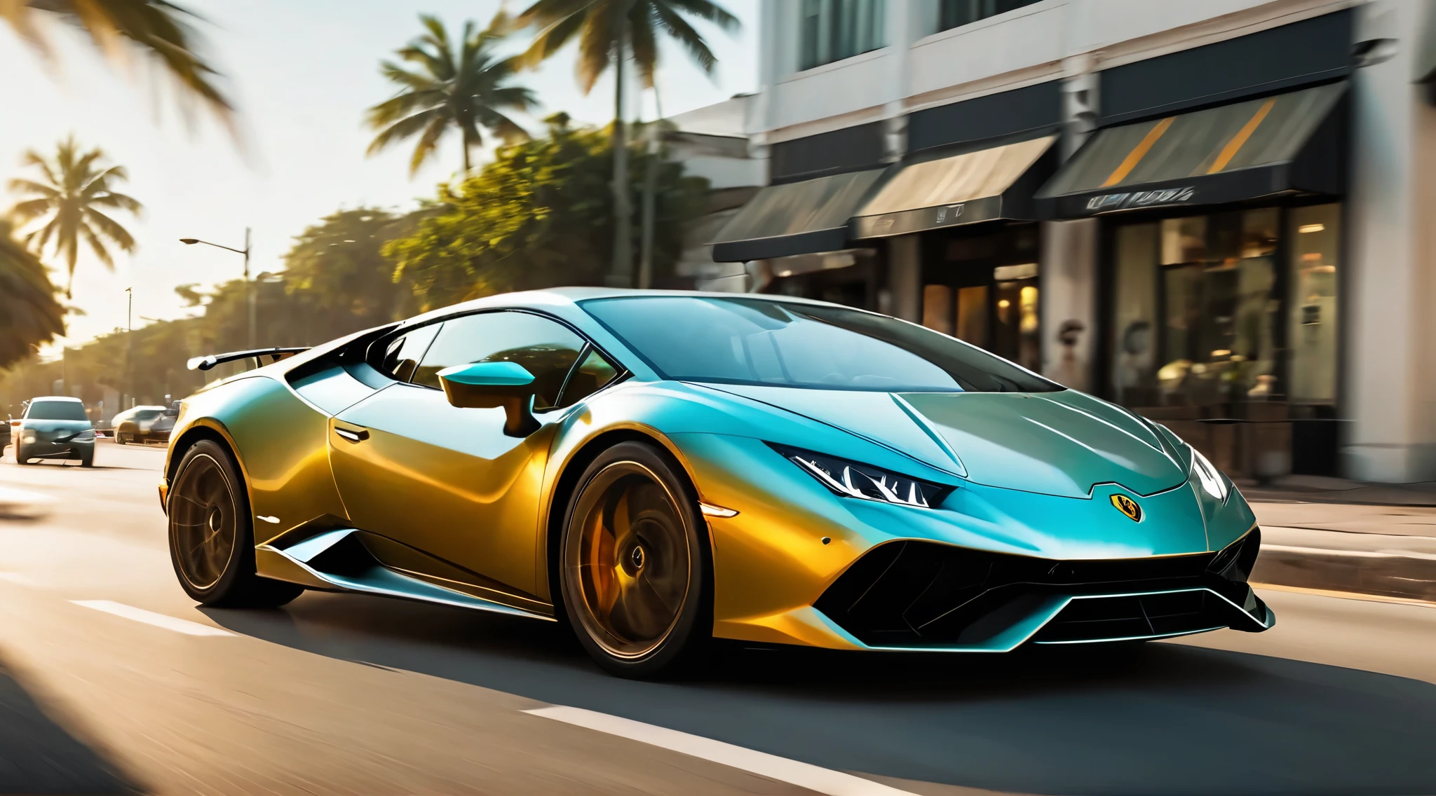 lamborghini huracan performante driving in miami street, [carhelper:photohelper], Retrofutur, motion blur, CinemaHelper, Chrome reflections, sun flare, Extremely detailed, Intricate details