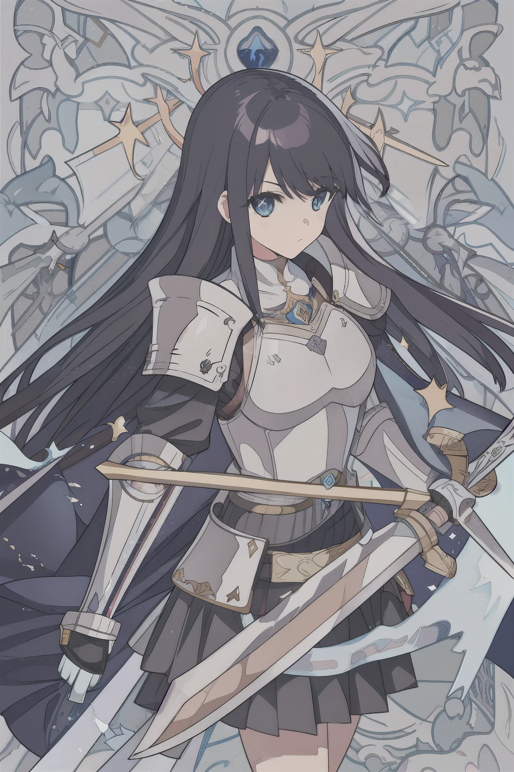girl,long black hair,Princess cut,Proud,Two dimensions,cartoon,swordsman,Magic Swordsman,silver armor,short skirt,Half body portrait,novel cover,Western Fantasy,game,Draw the sword and swing the sword,blue eyes,Light effect