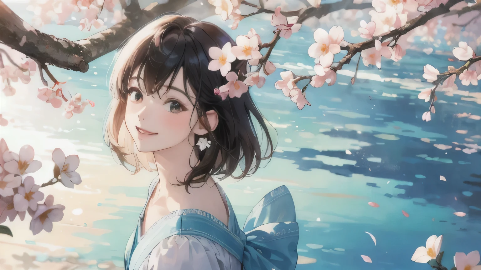 (masterpiece), highest quality, High resolution, very detailed, detailed background, perfect lighting, outside, 1 girl, Cherry tree in full bloom, SakuraFubuki,look up at the sky, smile, Looking down from 100 meters above the ground, long shot