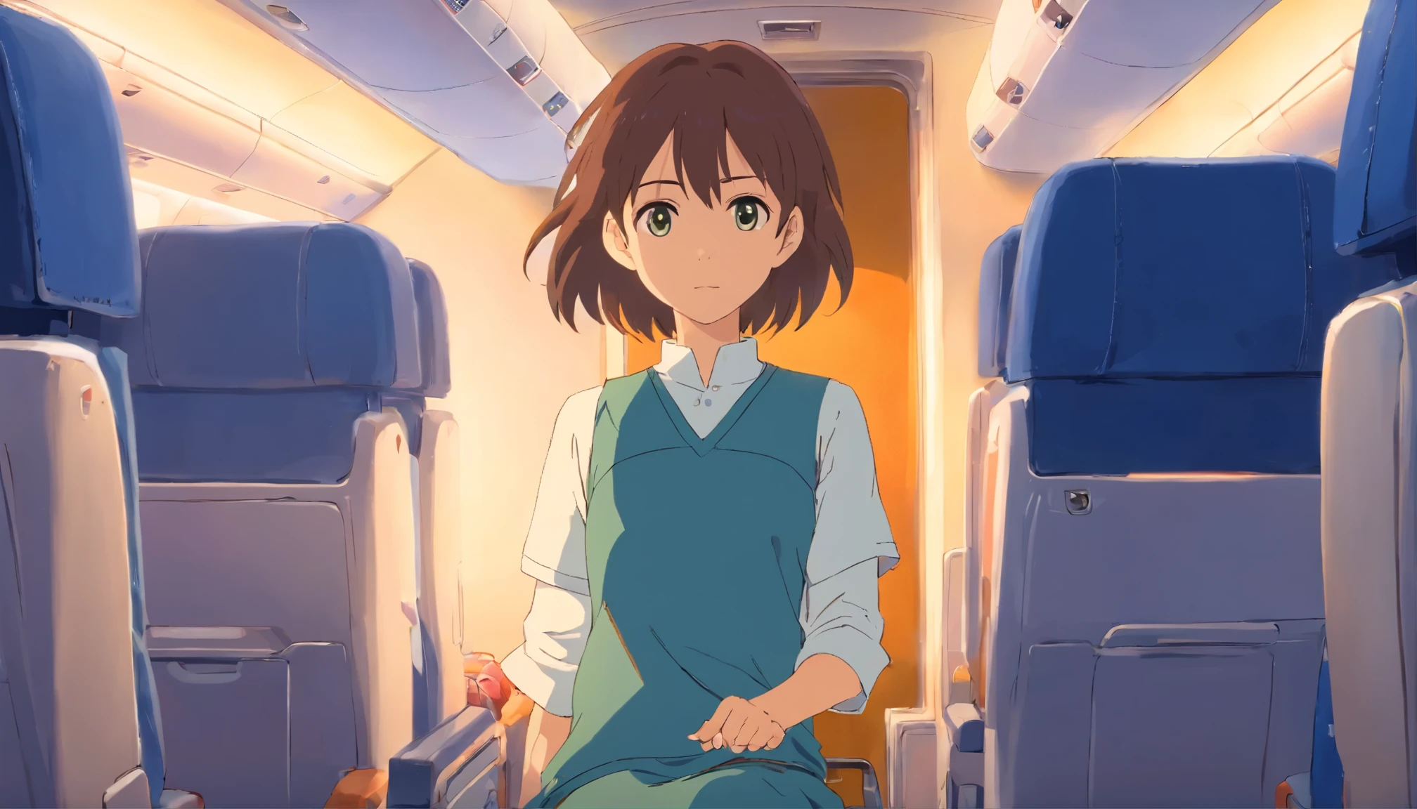 makoto shinkai,makoto shinkai'Style,teenage girl,Japanese,On board the plane