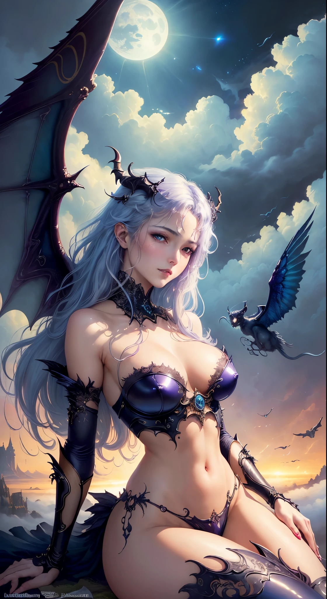 ((highest quality)), ((masterpiece)), (be familiar with), charming succubus, mysterious beauty, perched above the clouds, (fantasy illustration:1.3), captivating gaze, seductive pose, delicate wings, Otherworldly charm, mysterious sky, (Luis Royo:1.2), (Yoshitaka Amano:1.1), Moonlight night, soft colors, (be familiar with cloudscape:1.3), (High resolution:1.2)