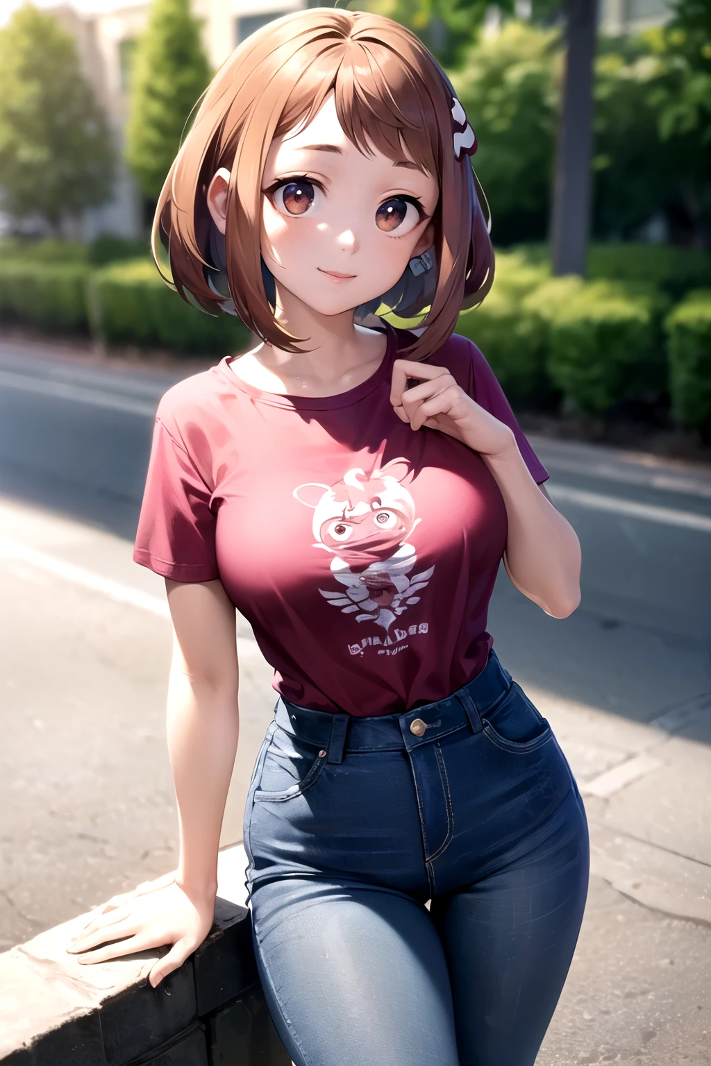 ((best quality)), ((masterpiece)), (detailed), perfect faceochakouraraka, ochako uraraka, (uraraka ochako:1.5), (brown eyes:1.5), brown hair, short hair, bobbed hair, blush, blush stickers, full body, smile, standing, large eyes, large bangs on face,
BREAK ( dark pink T-shirt :1.5), dark blue jeans,
BREAK outdoors, nature,
BREAK pink heels,
BREAK looking at viewer, cowboy shot,
BREAK (masterpiece:1.2), best quality, high resolution, unity 8k wallpaper, (illustration:0.8), (beautiful detailed eyes:1.6), extremely detailed face, perfect lighting, extremely detailed CG, (perfect hands, perfect ???????),