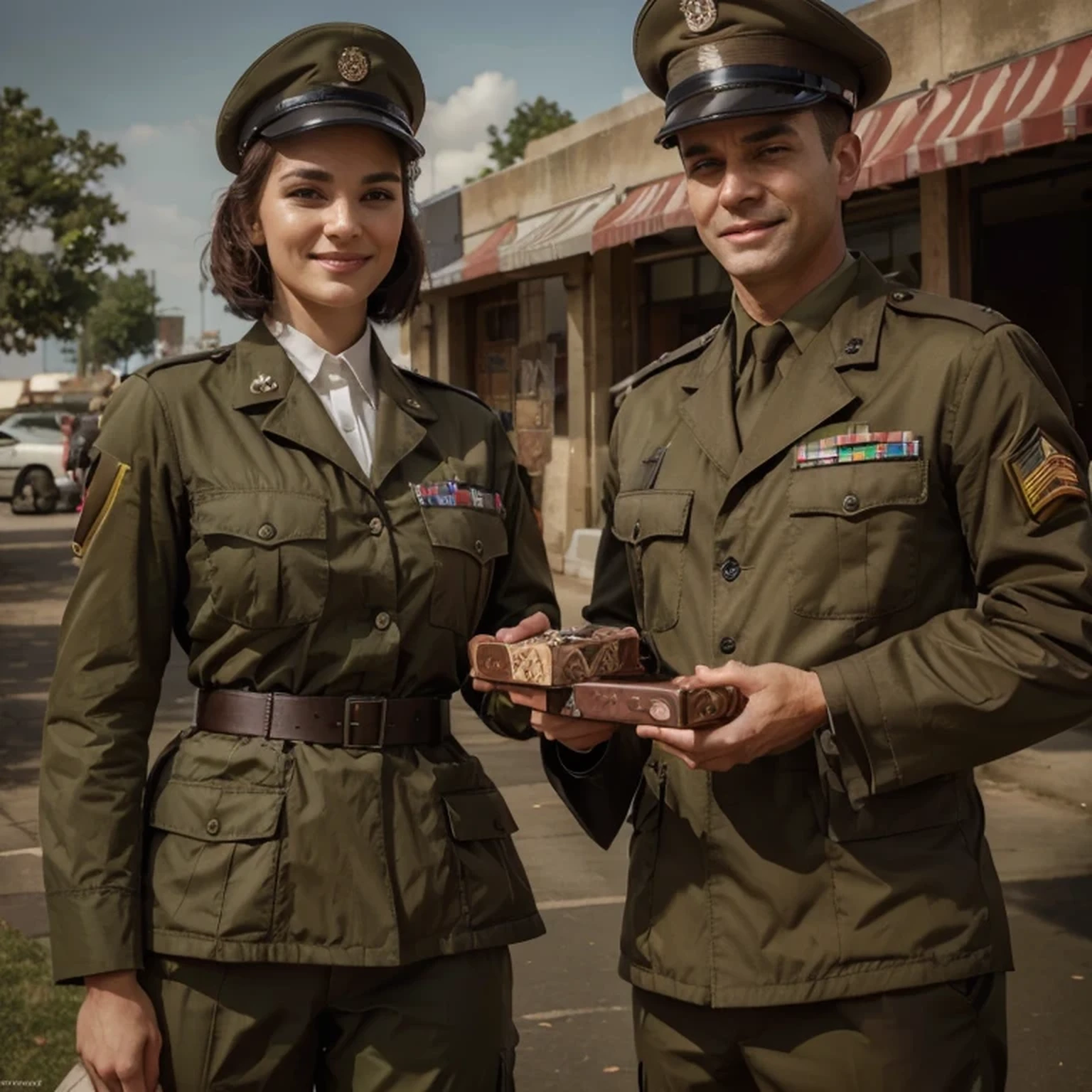 two United States soldiers, very happy and smiling faces, a very handsome man and a very beautiful woman, they wear an olive green officers' uniform, a military hat, they hold some appetizing chocolate bars that say chocolate, they are outside a base military, military vehicles, chocolate boxes, chocolate posters, Ultra detailed, hyperrealistic, 4k, Ultra detailed image, realistic, Highly detailed, perfect composition, splendid, Intricately detailed, Incredibly detailed, 8 k artistic photography, hyper detailed, Masterpiece, Ultra detailed, hyper realistic, 4k, Ultra detailed image, realistic, Highly detailed, perfect composition, splendid, Intricately detailed, Incredibly detailed, 8 k artistic photography, hyper detailed, Masterpiece