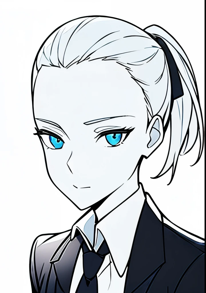 One Young Adult female, white and tender skin, pale blonde slicked back into a short ponytail, steel blue eyes, light and carefree expression, wearing black suit jacket and tie, portrait style, facing forwards