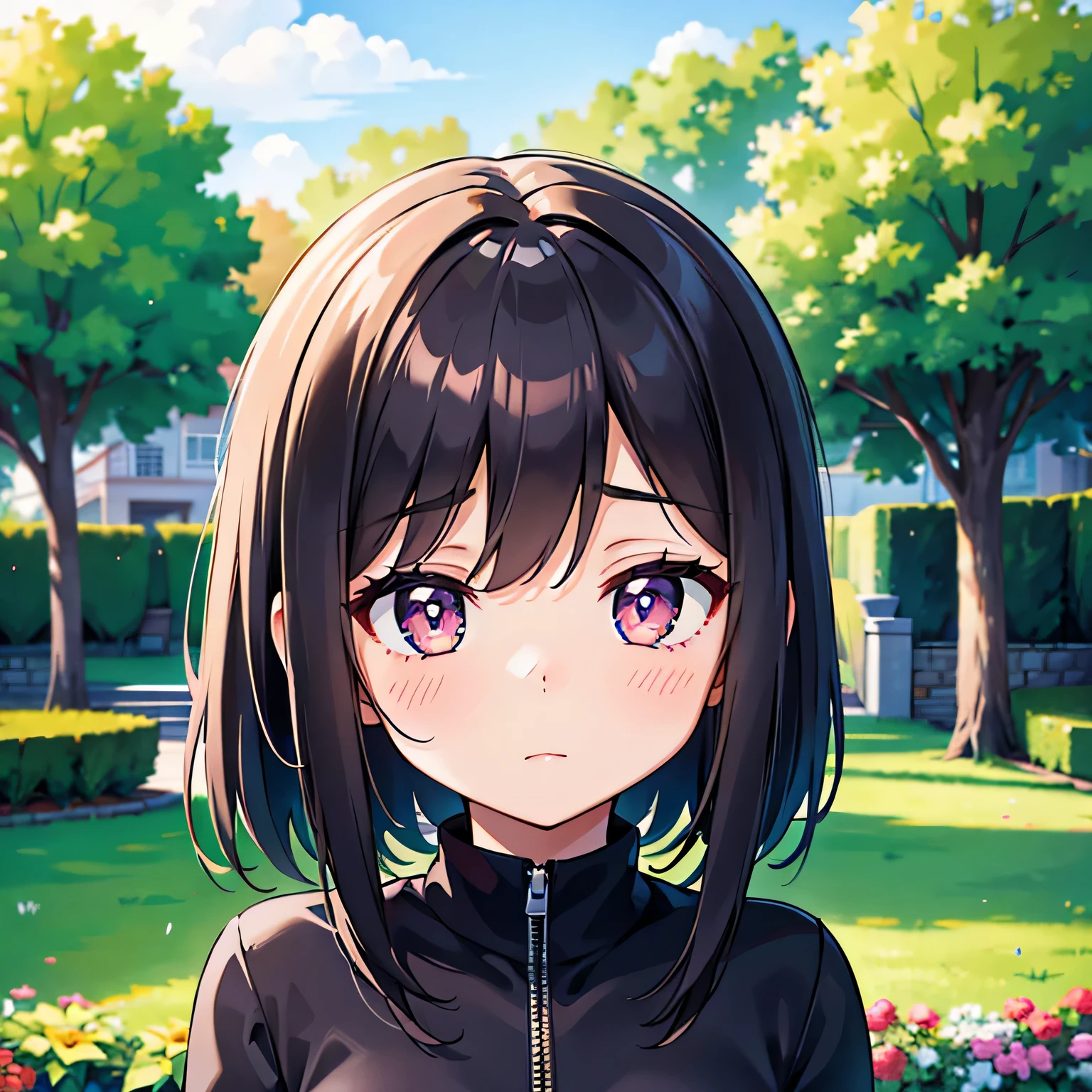 girl, girl is shy, girl looks away, girl has hearts in her pupils, ultra-high resolution, 4K, HD, draw a garden in the background