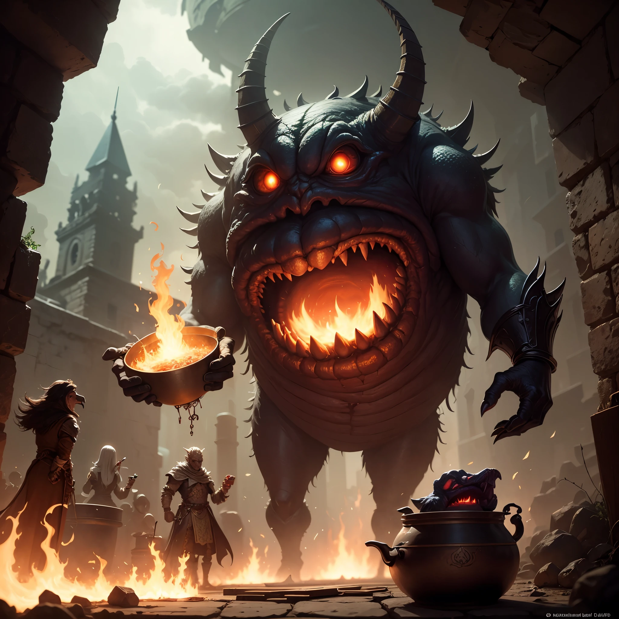 A monster, beholder, uses magic to levitate a cookbook in front of its enormous central eye. Nearby is a cauldron on a fire. A group of adventurers are caged. D&D