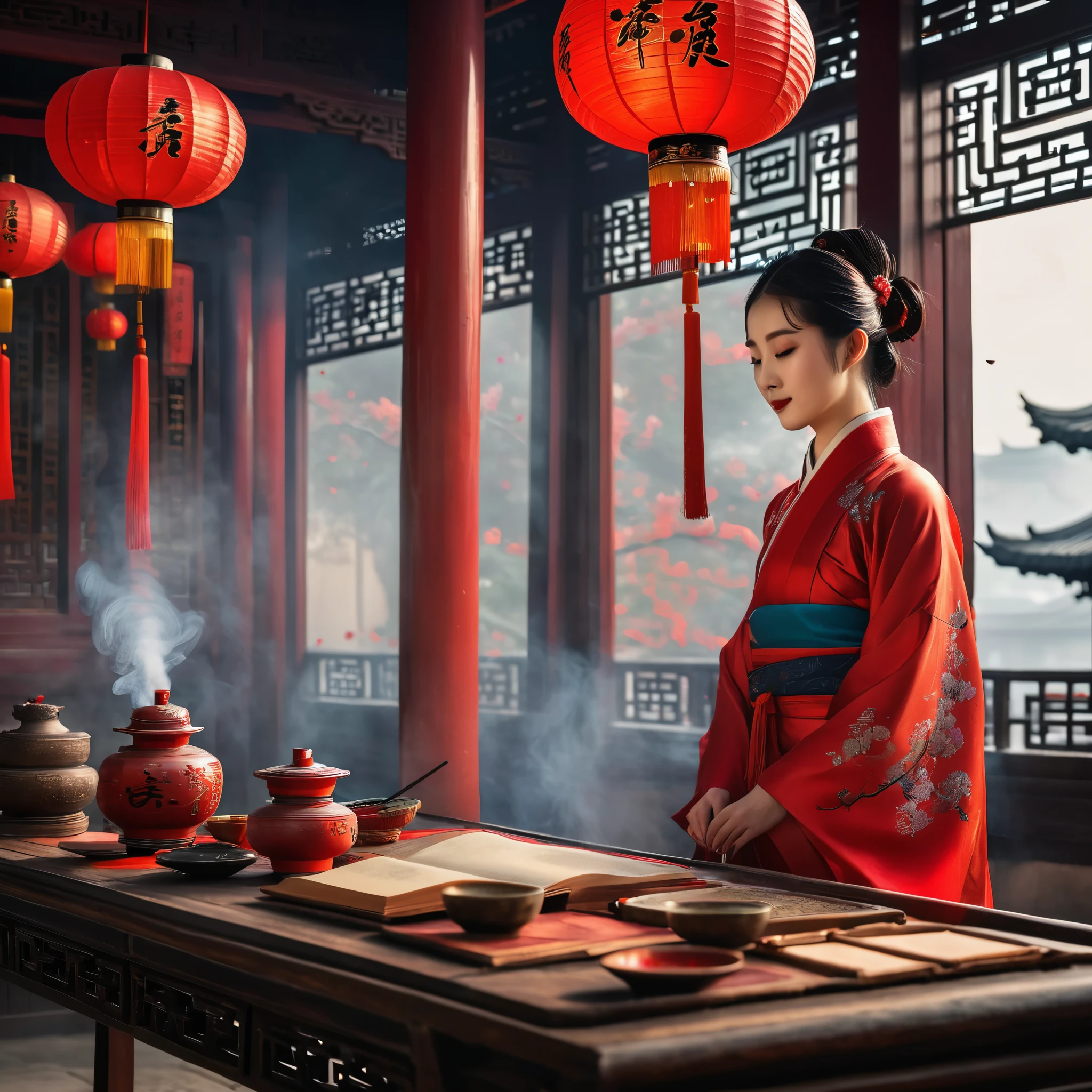 A Chinese scholar dressed in traditional attire, standing in front of a classical Chinese architecture, with firecrackers and red lanterns in the background. (best quality,4k,8k,highres,masterpiece:1.2),ultra-detailed,(realistic,photorealistic,photo-realistic:1.37),HDR,UHD,studio lighting,extremely detailed face and expressions,traditional Chinese ink painting style,richly colored silk fabric,ceramic teacups and brushes,ornate wooden bookshelves,curved roof tiles,subtle warm lighting,traditional Chinese calligraphy books,poetic scrolls of ancient literature,crowded desks with examination papers,flickering candlelight,authentic antique props,smoke and mist lingering in the air,meditative atmosphere.