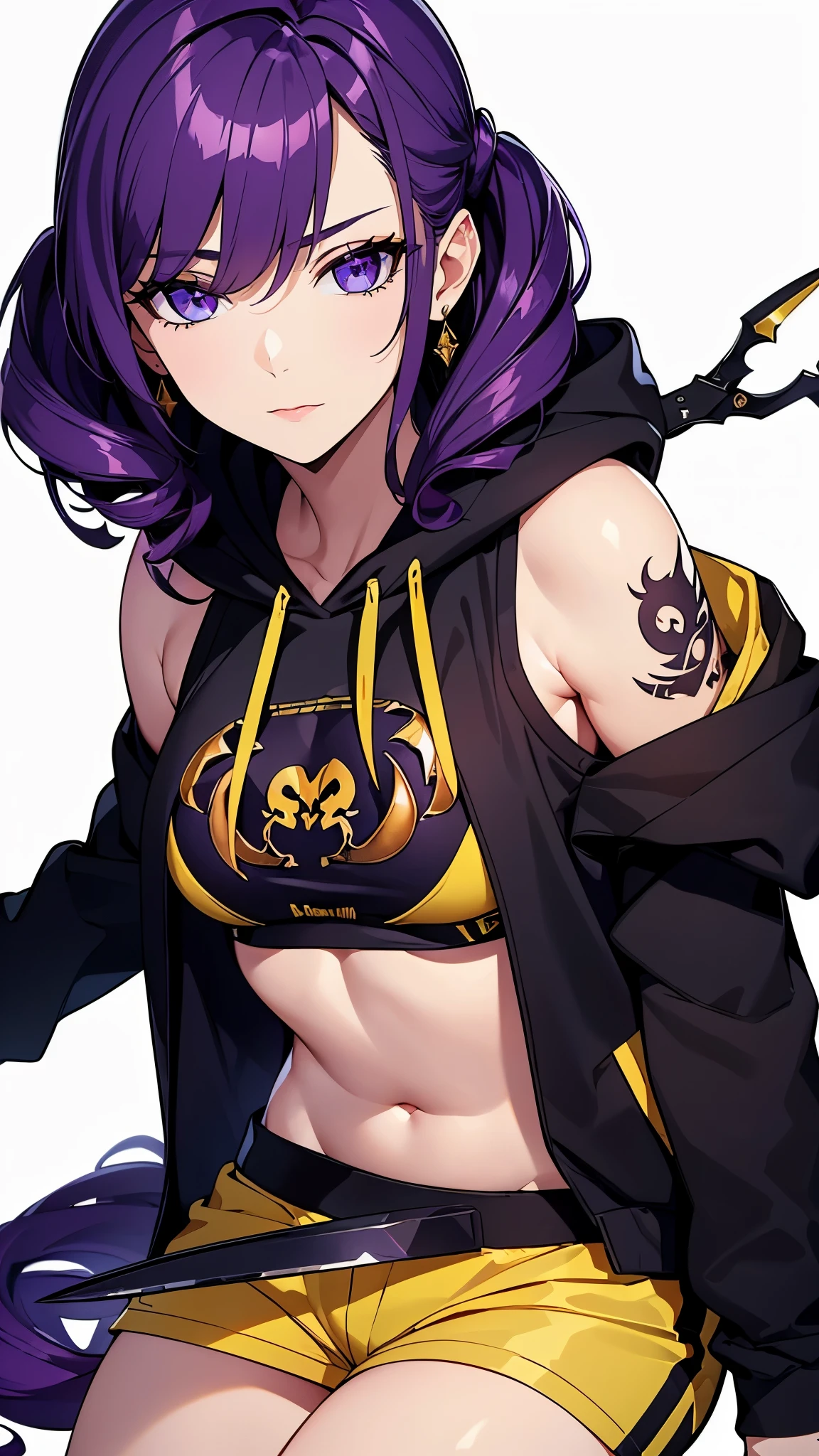 ((8K resolution))、((highest quality))、((masterpiece))、((Super detailed))((((dramatic))), (anatomically correct)、Depth of object being written、look at the camera、one person、one personのJK、front、(purple hair、long twin drill)、stir up、gold earrings、purple eyes、half closed eyes / Bad mood 、tattoo、(theme、whole body:1.1), micro shorts , hoodie、sharp、scorpion scissors、Scorpion tail、white background