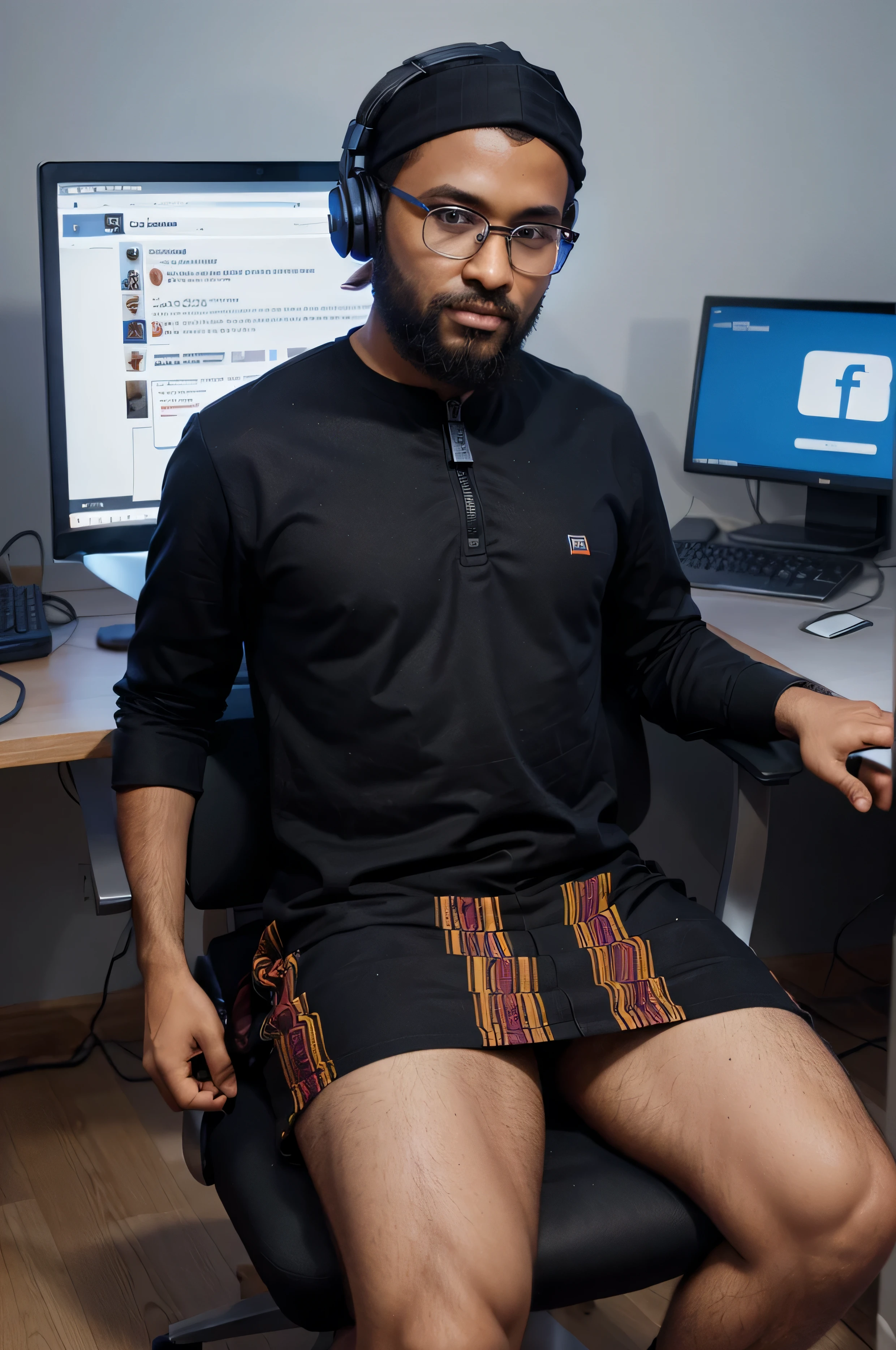 Create 3D illustration a realistic 30 years old beautiful bearded boy busy developing software on a chair in front of a 3d Logo of Facebook The boy Wear Hausa dress from northern Nigeria with glasses with headphones, the background of the image should showcase social media profile page and the user name Khalifa and a machine profile picture) and modify it according to your perspective