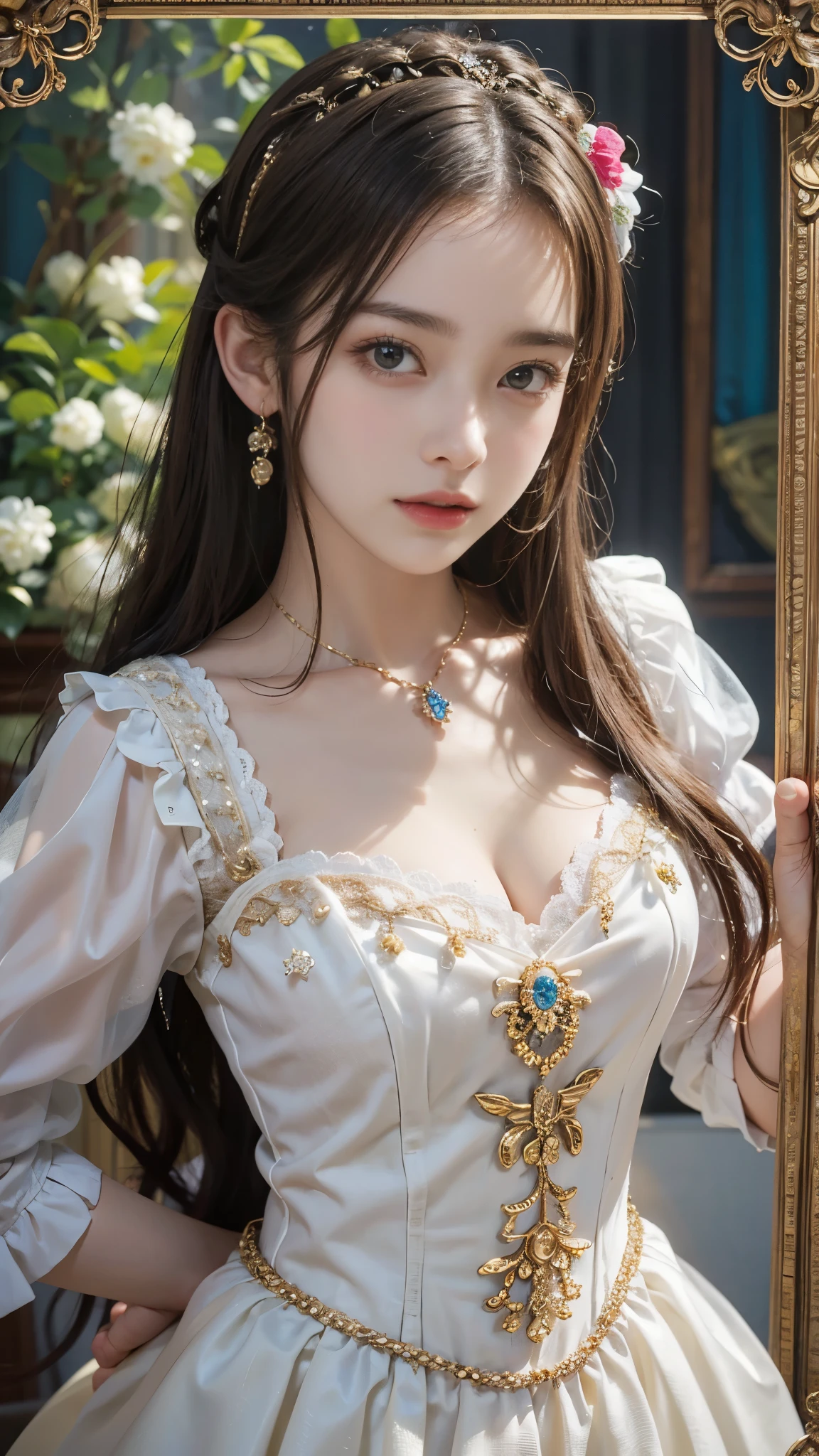 (Pure color: 0.9), (color: 1.1), (masterpiece: 1,2), highest quality, masterpiece, High resolution, original, highly detailed wallpaper, beauty, victorian, dress, melancholy, big breasts, Sepia color, 24-years-old ,(1 girl:1.3)、realistic pictures、Photoreal:1.4 , official art、Super detailed、beautiful and aesthetic、beautiful face、masterpiece、highest quality、The most beautiful skin、baroque jewelry、The most gorgeous gravure idol pose in the world、the most attractive body in the world、The whole body is reflected、((sensational gaze:1.2))、ecstasy face、climax expression、look up、look at viewer、((I can not stand it:1.5))