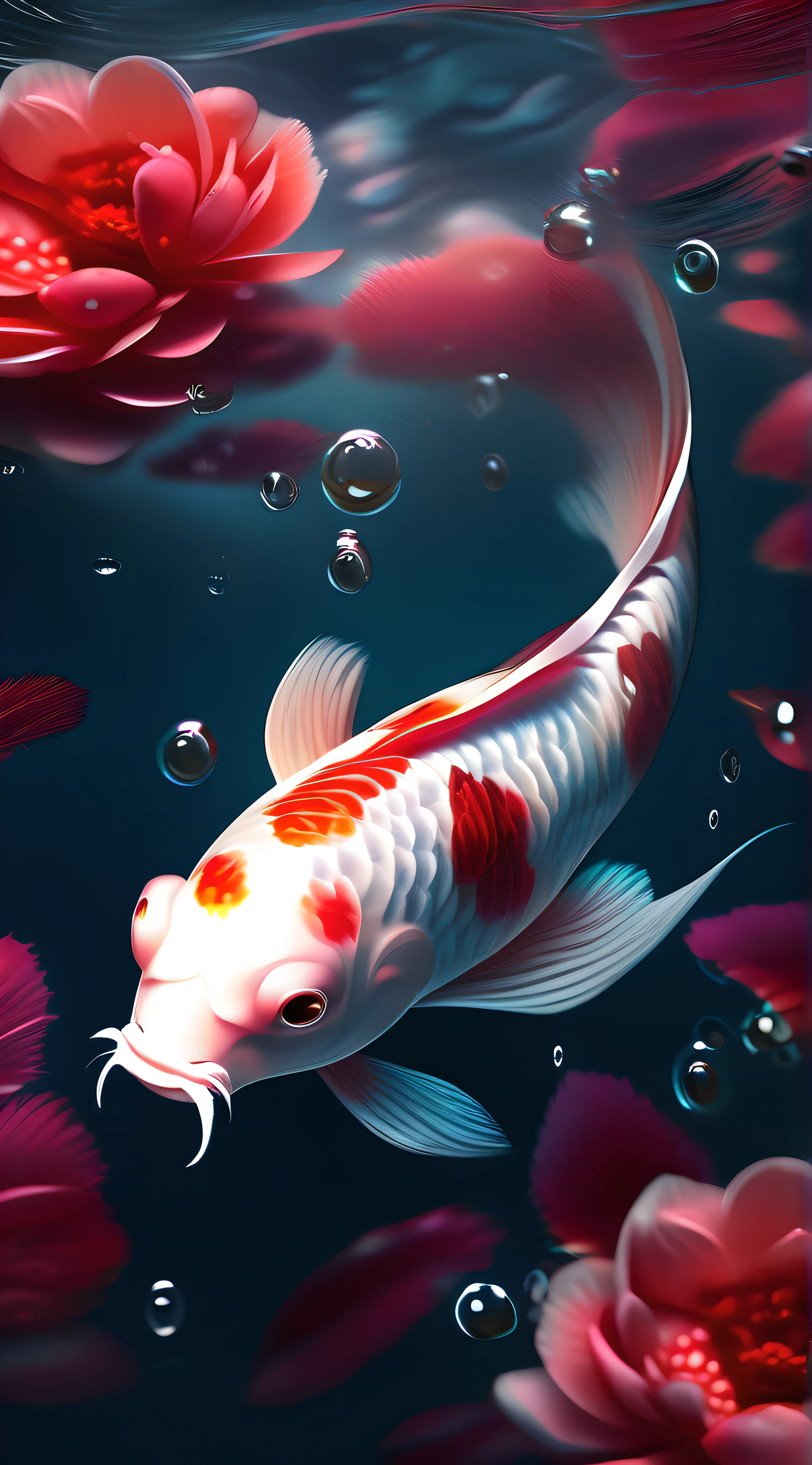Require,Realistic large koi,perfect swimming,Dynamic photography。Aerial View。Red peony,solo,lily,water下,water下,在water下,water滴,water,transparent的,surreal,CG digital rendering,Science fiction,masterpiece,surreal,it is crystal clear,High color,Advanced Composition。bright。《Glittering》《bright》。perfect color,The light is bright and soft。diamond like color,transparent、半transparent。 bubble,bubble,Foam,coral,Red coral