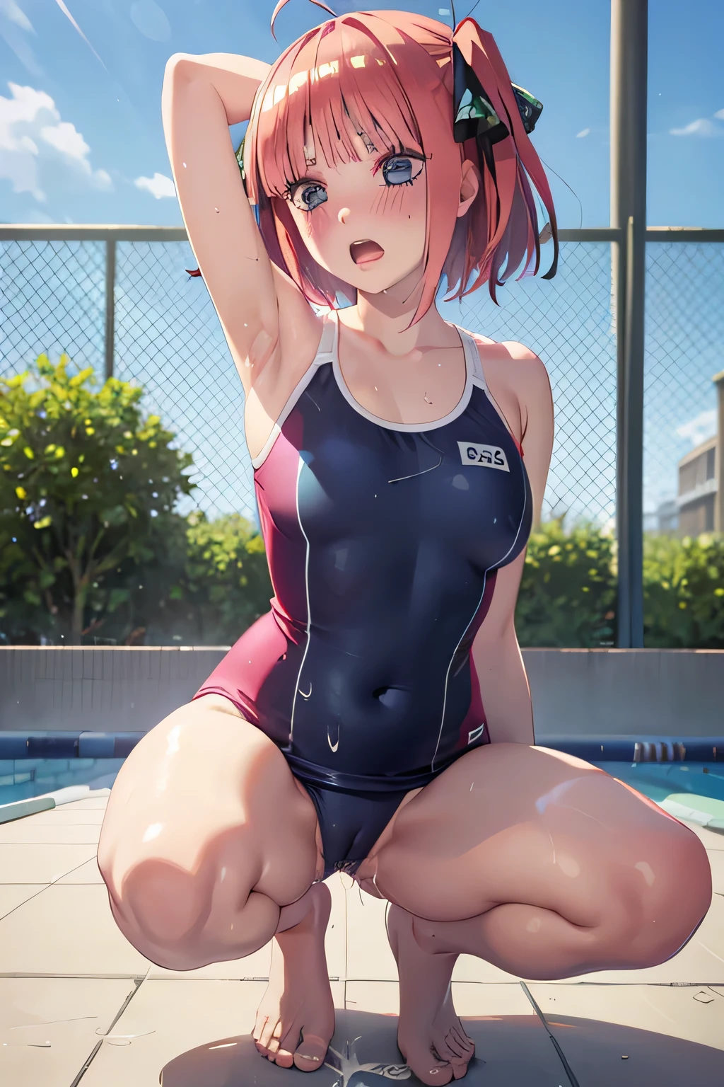 pieces fly、masterpiece、highest quality、Super detailed、High resolution、High resolution、8K portrait、Unity 8k壁紙のHigh resolutionCG、unity 8k wallpaper、cute:1.5、slender body:1.5、Highly detailed CG unity 8k wallpaper、realistic、real person、cute、 portrait photography、shiny skin、High resolution、(pink hair bob hair:1.2)、(:1.2)、(1 girl)、(school poolside:1.6)、perfect face,seriously,(blush:1.5),(midium breasts:0.8),(navy blue school swimsuit:1.4),((Orgasm in the vagina:1.5)),(squat:1.4),(hand behind head:1.3)