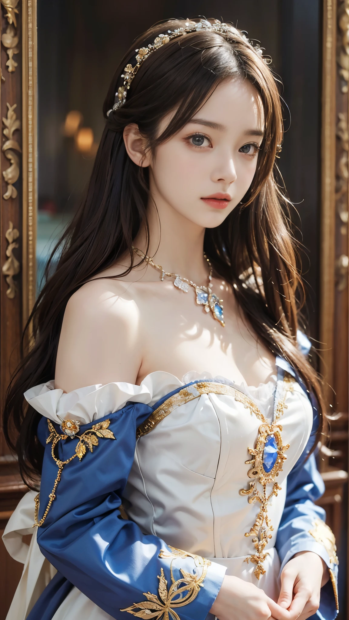 (Pure color: 0.9), (color: 1.1), (masterpiece: 1,2), highest quality, masterpiece, High resolution, original, highly detailed wallpaper, beauty, victorian, dress, melancholy, big breasts, Sepia color, 24-years-old ,(1 girl:1.3)、realistic pictures、Photoreal:1.4 , official art、Super detailed、beautiful and aesthetic、beautiful face、masterpiece、highest quality、The most beautiful skin、baroque jewelry、The most gorgeous gravure idol pose in the world、the most attractive body in the world、The whole body is reflected、((sensational gaze:1.2))、ecstasy face、climax expression、look up、look at viewer、((I can not stand it:1.5))