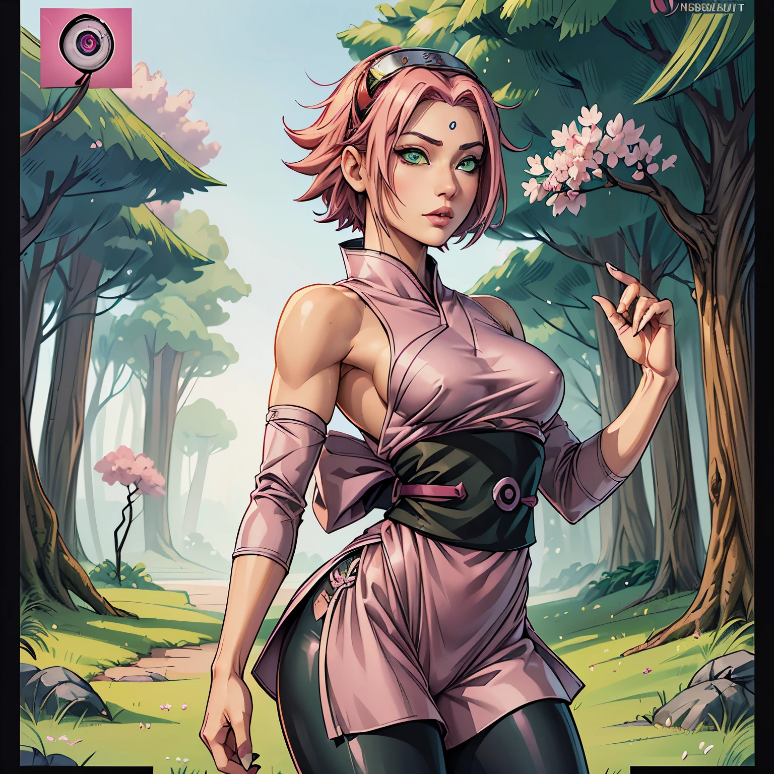 ((ultra quality)), ((masterpiece)), sakura, Naruto Shippuden, ((pinkshort hair)), (beautiful cute face), (beautiful female lips), Charming, ((sexy facial expression)), looks at the camera, eyes slightly open, (skin color white), (blue skin), glare on the body, ((detailed beautiful female eyes)), ((green eyes)), (juicy women's lip liner), (beautiful female hands), ((ideal female figure)), ideal female body, beautiful waist, gorgeous thighs, beautiful small breasts, ((thin and beautiful)), stands temptingly (Rear view), (sakura Uzumaki's clothes, black skinny shorts, leggings, Hidden Leaf Village Shinobi Clothes) background: hidden leaf village, Naruto shippuden, ((depth of field)), ((clear high quality image)), (Clear details), ((high detail)), anime