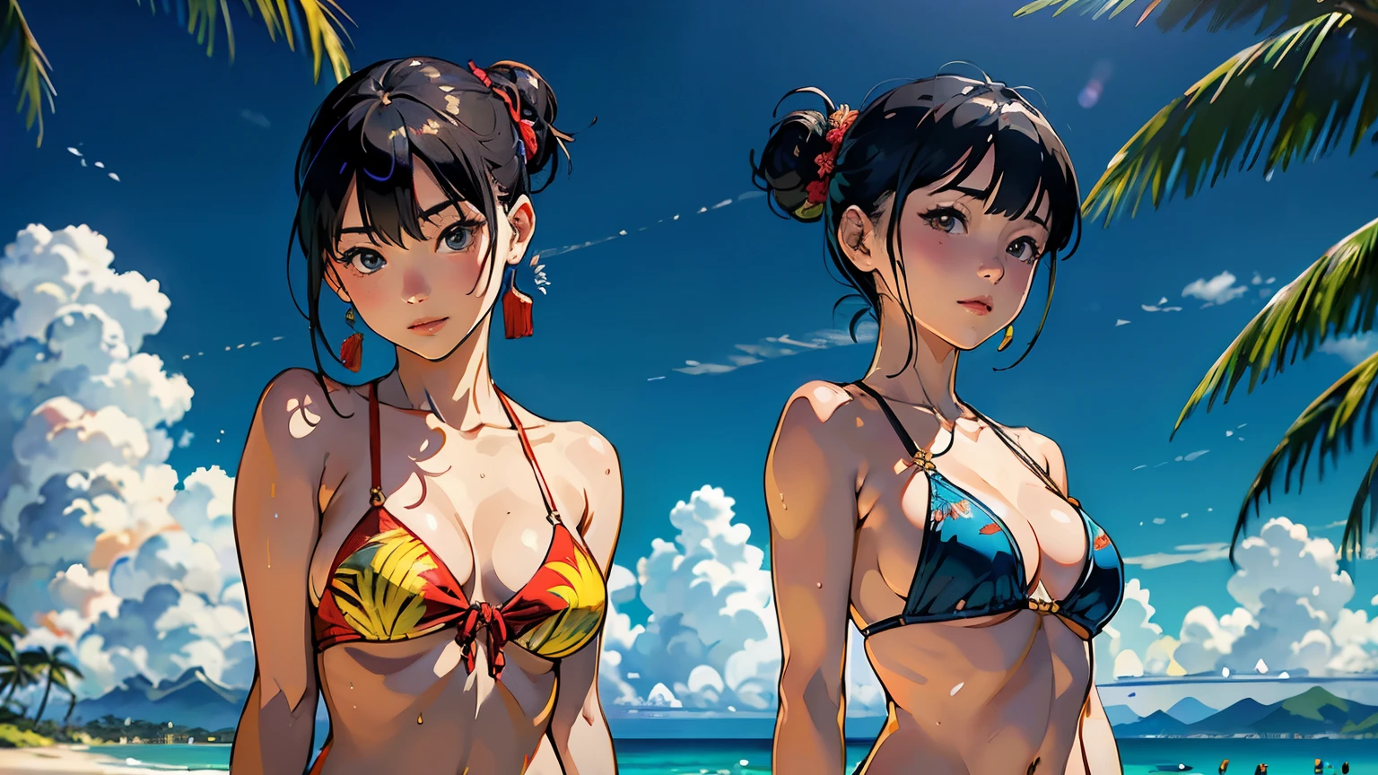 ((highest quality, masterpiece, High resolution))、beautiful japanese woman、((anime art))、 ((2 women))、18-year-old、(we both are good friends)、 (Detailed depiction of a beautiful face)、smile gently、realistic face、 small breasts、slim body shape、medium short hair、semi-long、bun hair、Wet see-through bikini、bikini swimwear、one piece swimsuit、Wrap your waist in fabric with bold ethnic patterns and plenty of primary colors.。.、realistic skin、Wet、whole body、(Beautiful tropical beach landscape photography)、cinematic light、tropical、Against the background of palm trees、on a sunny beach、With the sea in the background、blur background、