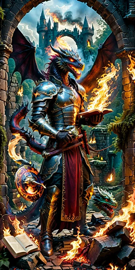 diy8，a warrior battling a fire-breathing dragon in the ruins of a city, dragon‘s claws gleaming in the flames, the warrior wield...