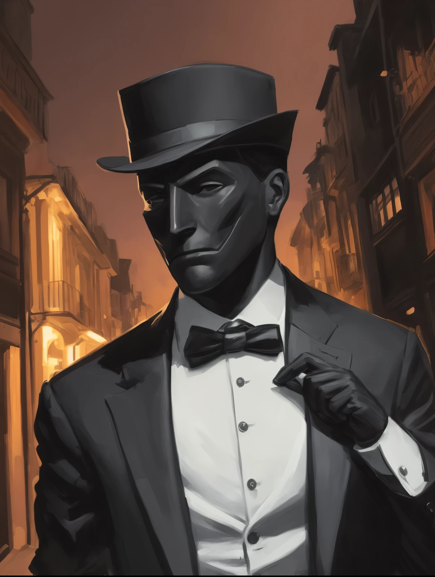 Painting of a man in suit and tie with a black mask, Personagem sombrio e sinistro, terno escuro, desenhado em um estilo neo - noir, homem magro, pessoa sem rosto escura, Homem de preto, magro, anthropomorphic silhouette, Scary black figure standing, por Chip Zdarsky, sozinho,streets in the background