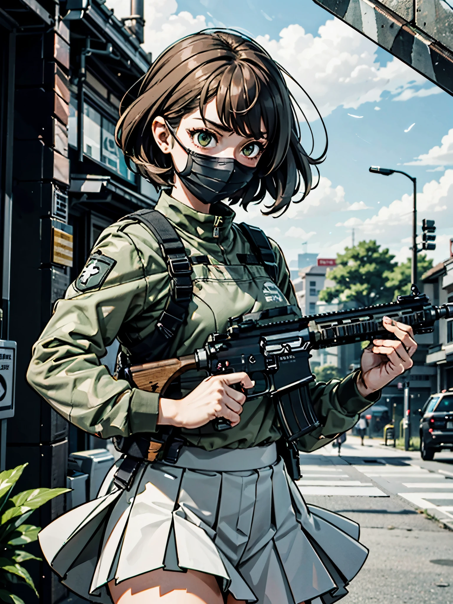(((pixel-perfect, detail-perfect))), lens flare, depth of field, (close-up:1.3), (wide shot, fisheye:0.85), facefocus, 1girl, standing, taller body, perfect proportions, medium brown hair, green eyes, serious, high school girl, pleated skirt, medium skirt, (using weapon, assault rifle, aiming, aim:1.2), gun, h&k hk416, carbine, open fire, firing, sunny, blue sky, cloudy sky, city, street, ((only five fingers))
